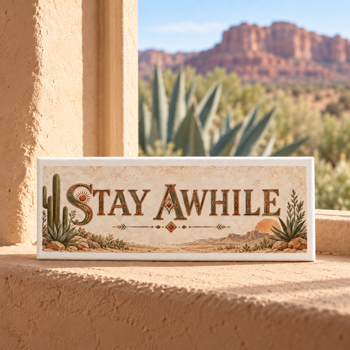 The Stay Awhile Desert Shelf Sitter | Sage & Stone by Mirabilia Boutique adds southwestern charm to your windowsill with cactus and desert designs, set against a backdrop of red rocks and desert plants.