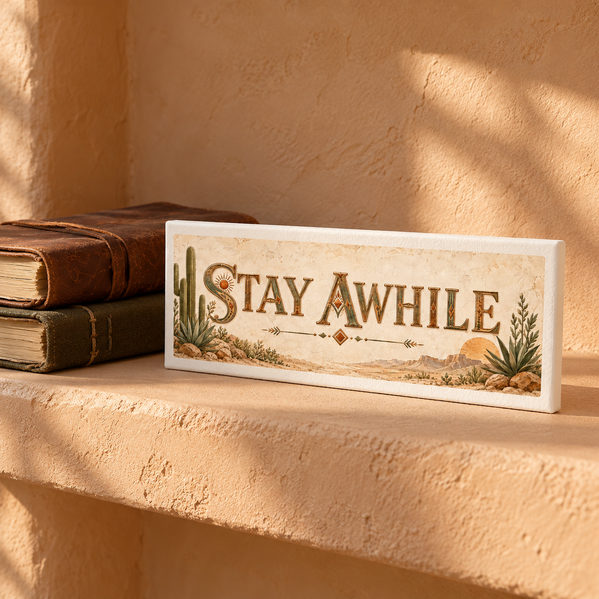 The Stay Awhile Desert Shelf Sitter | Sage & Stone by Mirabilia Boutique sits among vintage books, capturing the essence of southwestern home decor in a sunlit, cozy setting.