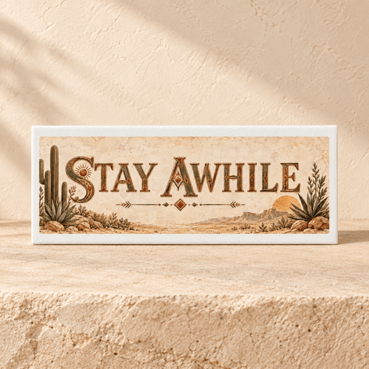 Stay Awhile Desert Shelf Sitter | Sage & Stone by Mirabilia Boutique features “STAY AWHILE” with desert plants, rocks, and a sunset—ideal for southwestern home decor or as a unique shelf accent.