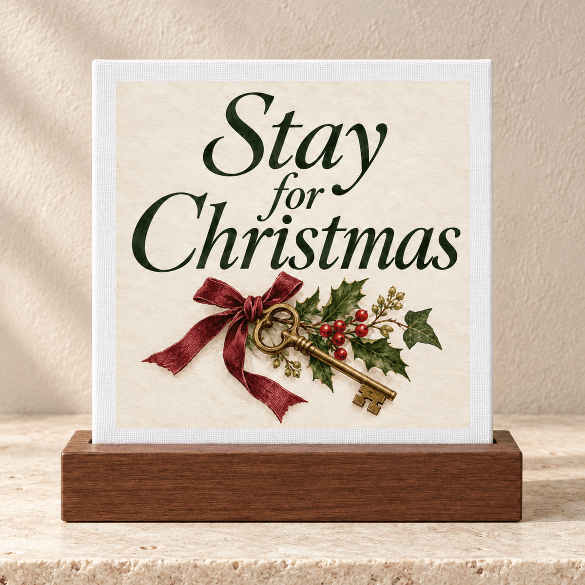 Stay for Christmas Mini Sign featuring a small square holiday decoration in a wooden stand with a vintage key illustration, holly berries, and a burgundy ribbon.