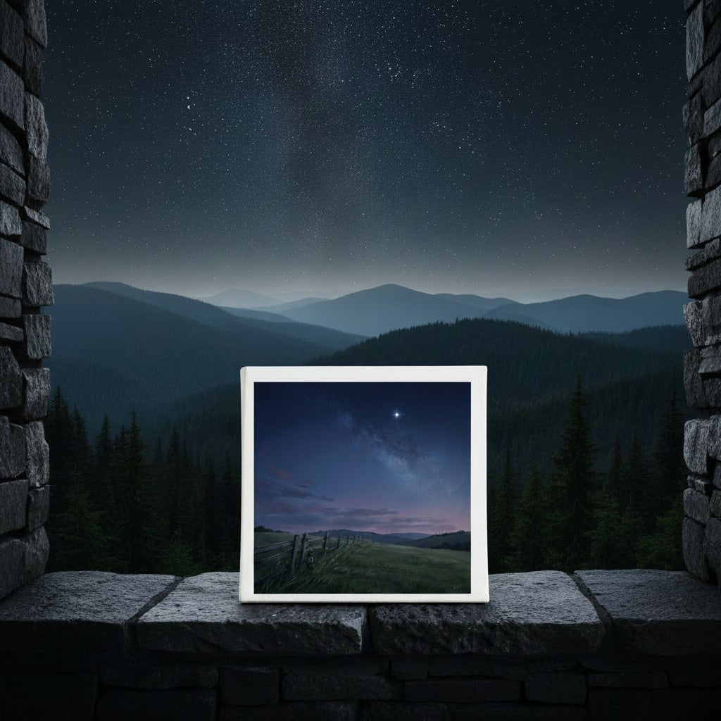 An 8x8 “Stay For The Stars” canvas by Mirabilia Boutique rests on a stone ledge, featuring a tranquil starry night sky above a grassy field, perfectly complementing the real mountainous landscape and starlit sky in the background. This peaceful wall art captures the serenity of nature, making it an ideal country meadow decor for any space.