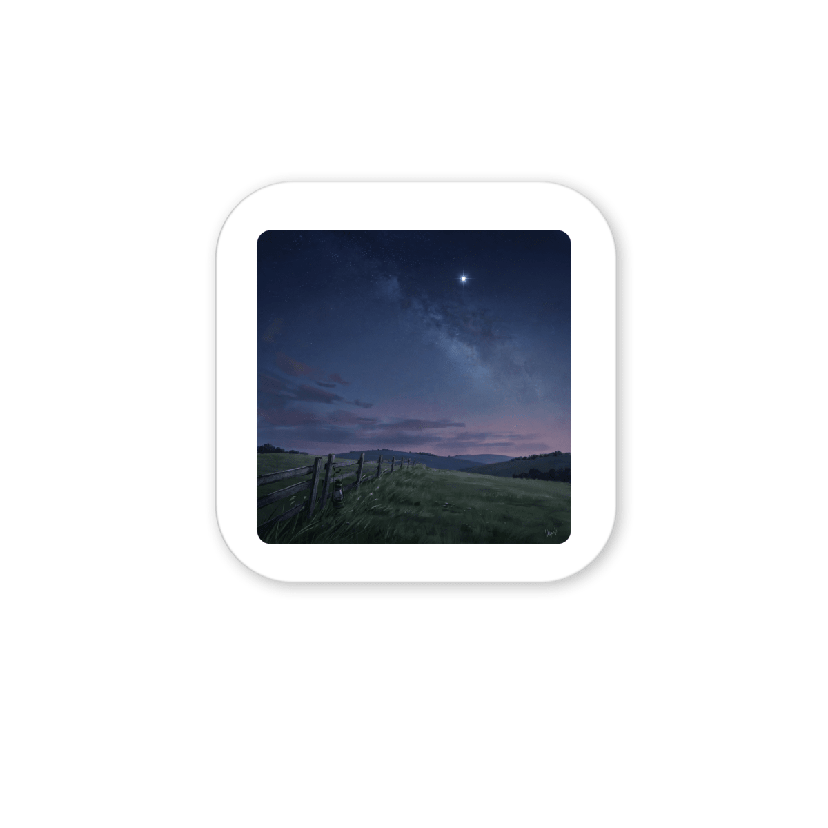 A wooden fence runs through a grassy field under a starry night sky, with the Milky Way and a bright star visible above distant hills, creating a captivating twilight landscape reminiscent of countryside evening art.