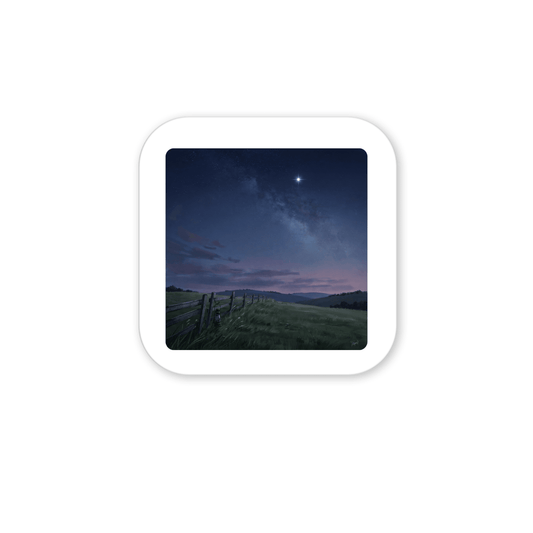 A wooden fence runs through a grassy field under a starry night sky, with the Milky Way and a bright star visible above distant hills, creating a captivating twilight landscape reminiscent of countryside evening art.