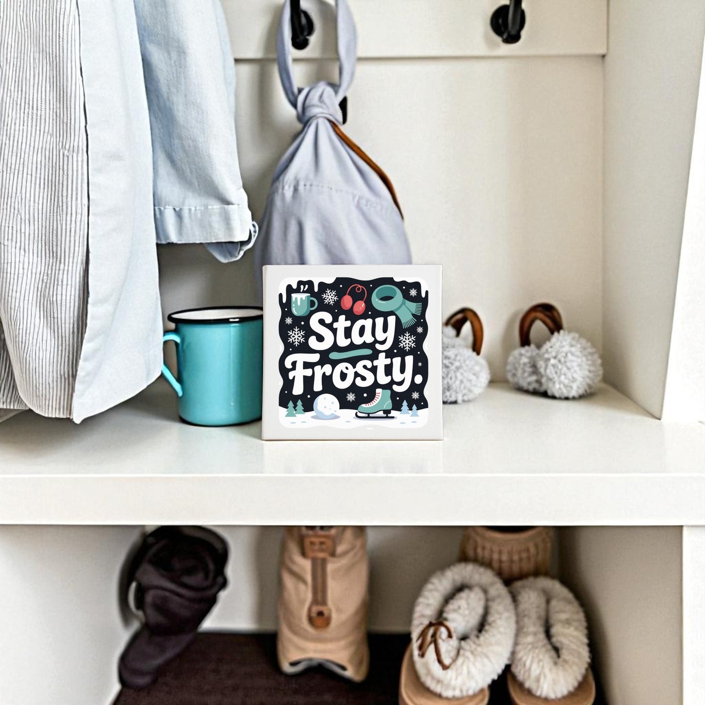 A winter shelf displays the Mirabilia Boutique "Stay Frosty" Canvas Sign (8x8), winter clothing, boots, a mug, and festive decor like mittens, snowflakes, and hats for a cozy holiday touch.