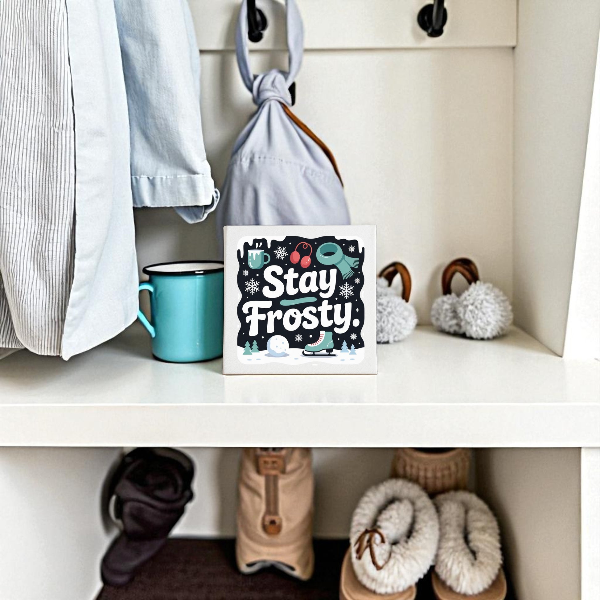 A winter shelf displays the Mirabilia Boutique "Stay Frosty" Canvas Sign (8x8), winter clothing, boots, a mug, and festive decor like mittens, snowflakes, and hats for a cozy holiday touch.