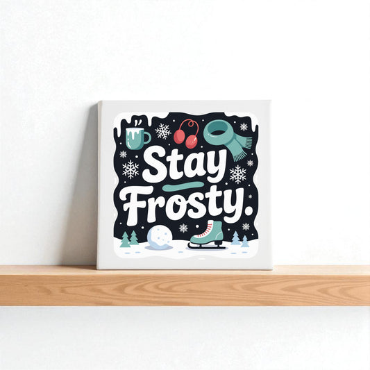 Mirabilia Boutique’s Stay Frosty Canvas Sign, an 8x8 winter wall art, features festive icons like a mug, scarf, earmuffs, snowflakes, skates, snowman, and trees on black—perfect for holiday or winter decor.