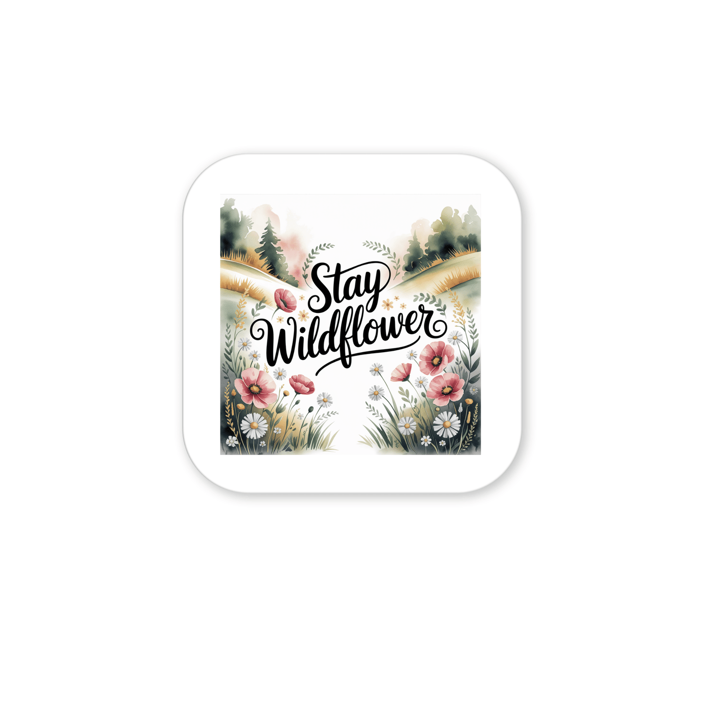 The Stay Wildflower Magnet by Mirabilia Boutique features "Stay Wildflower" in black script over pastel wildflowers and trees. This floral magnet with a white border adds a meadowcore touch to your fridge or locker.