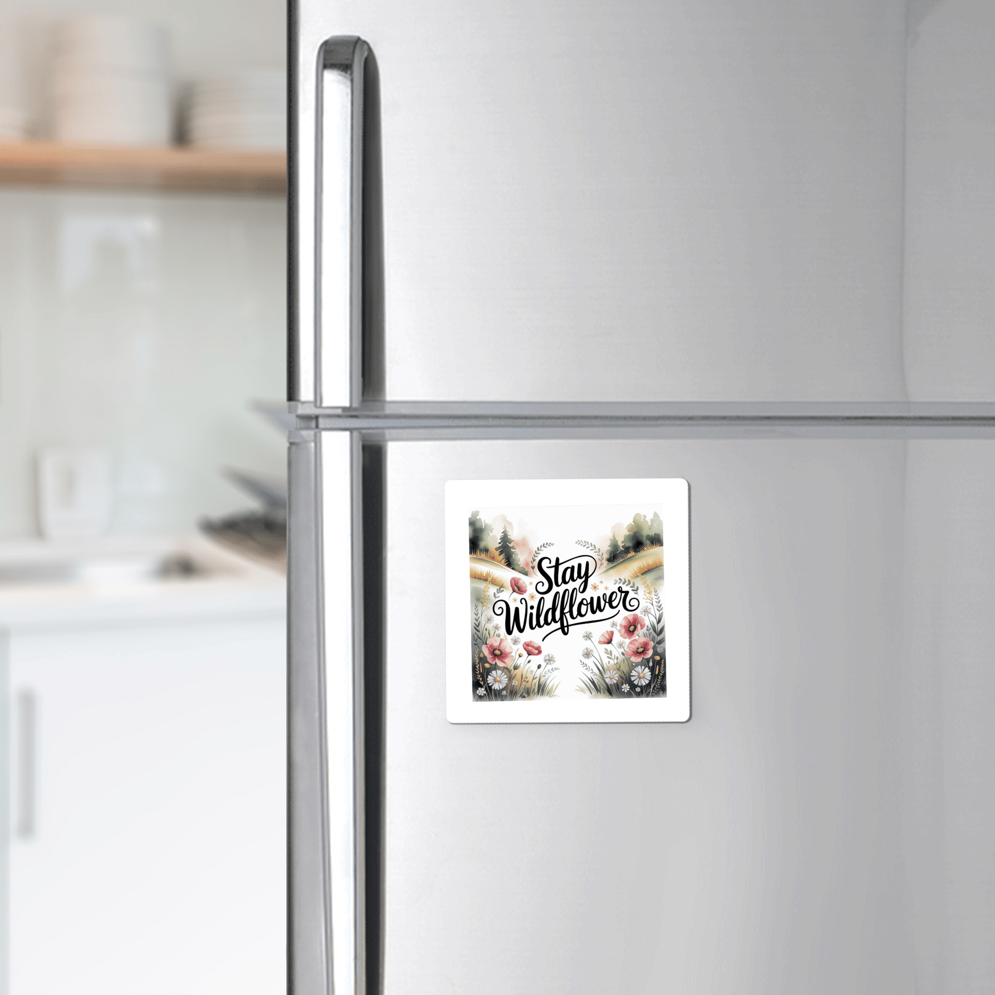 A silver fridge is decorated with Mirabilia Boutique’s “Stay Wildflower Magnet | Floral Quote for Fridge or Locker,” its colorful flowers adding a perfect meadowcore touch against a softly blurred kitchen backdrop.