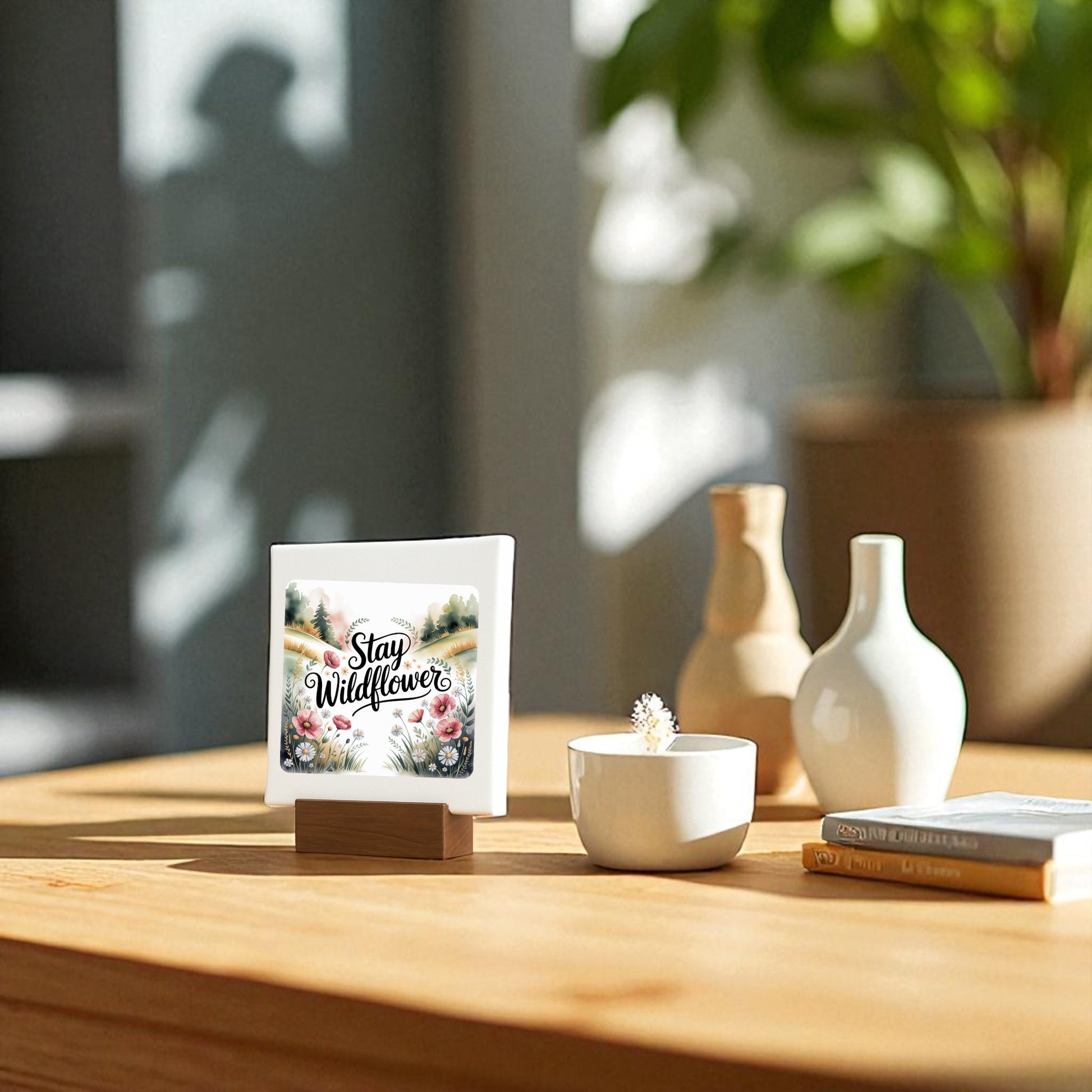 The Stay Wildflower Mini Sign by Mirabilia Boutique features a floral quote and design on a canvas tile with a wooden stand, surrounded by vases, a cactus cup, and books on a bright table for charming desk decor.