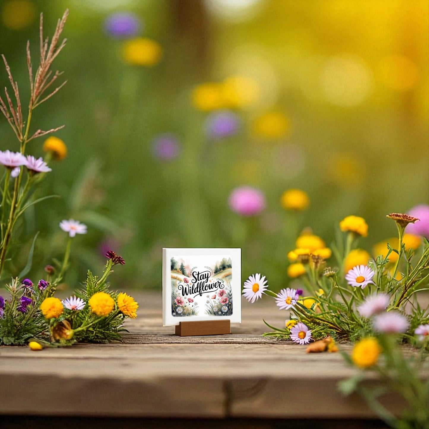 The Stay Wildflower Mini Sign by Mirabilia Boutique sits on a wooden surface, featuring a floral quote amid colorful wildflowers, creating charming desk decor with a blurred sunlit meadow in the background.