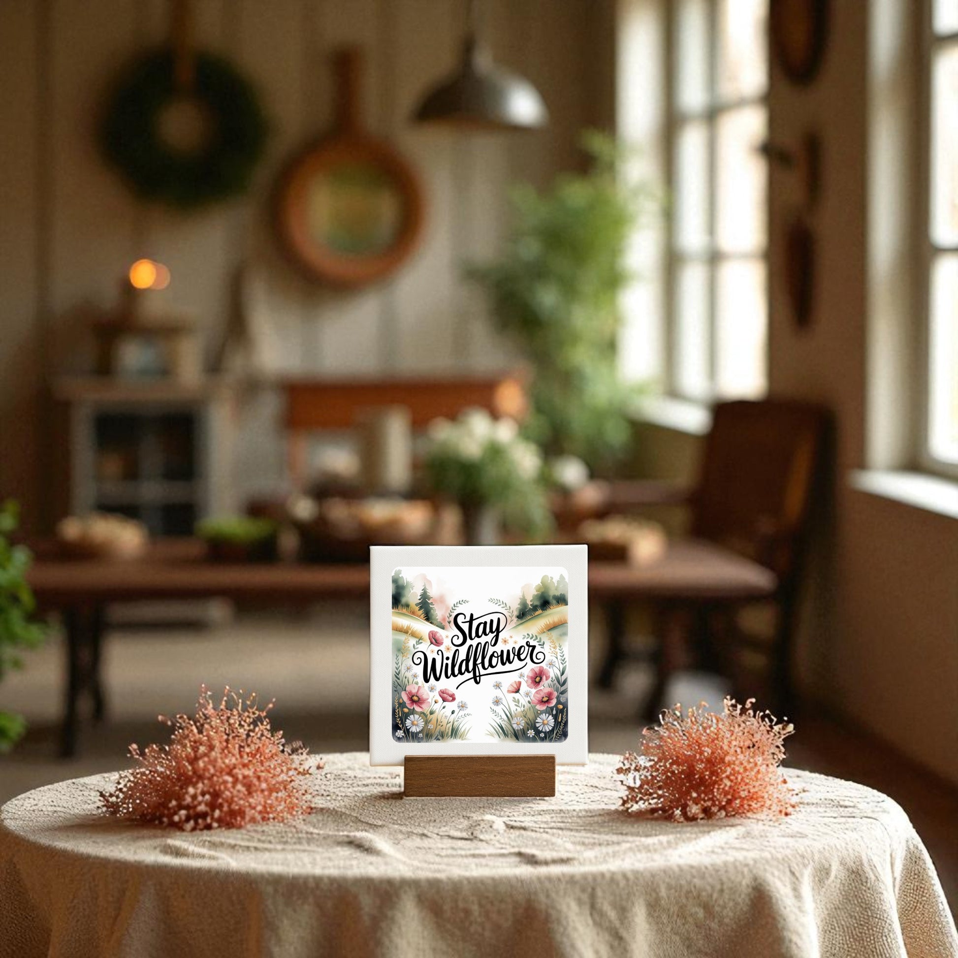 A cozy, sunlit room with rustic decor features a round table topped with pink dried flowers and the Mirabilia Boutique Stay Wildflower Mini Sign | Floral Quote Desk Decor on a mini canvas, surrounded by softly blurred floral accents.