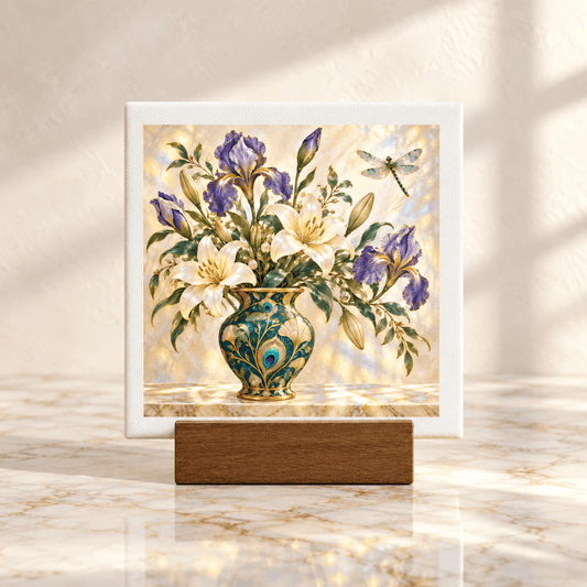 Still Unfolding Birthday Mini Sign | Gilded Reverie: a square floral sign on a wooden stand featuring white lilies and purple irises in a peacock-themed vase with a nearby dragonfly.