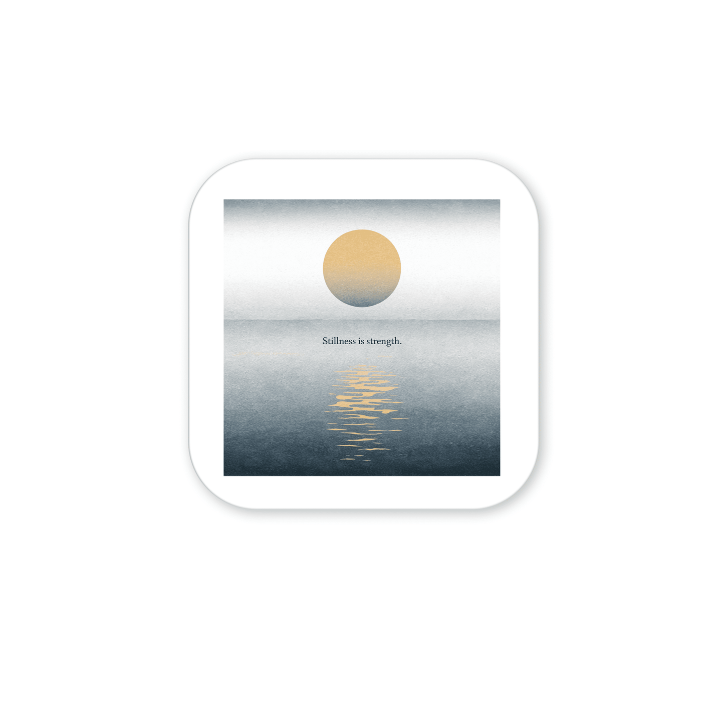The Stillness Is Strength Magnet by Mirabilia Boutique features a minimalist design with a yellow sun over a blue sea and the inspiring text, "Stillness is strength." Ideal for mindful gifting or bringing calm to any space.