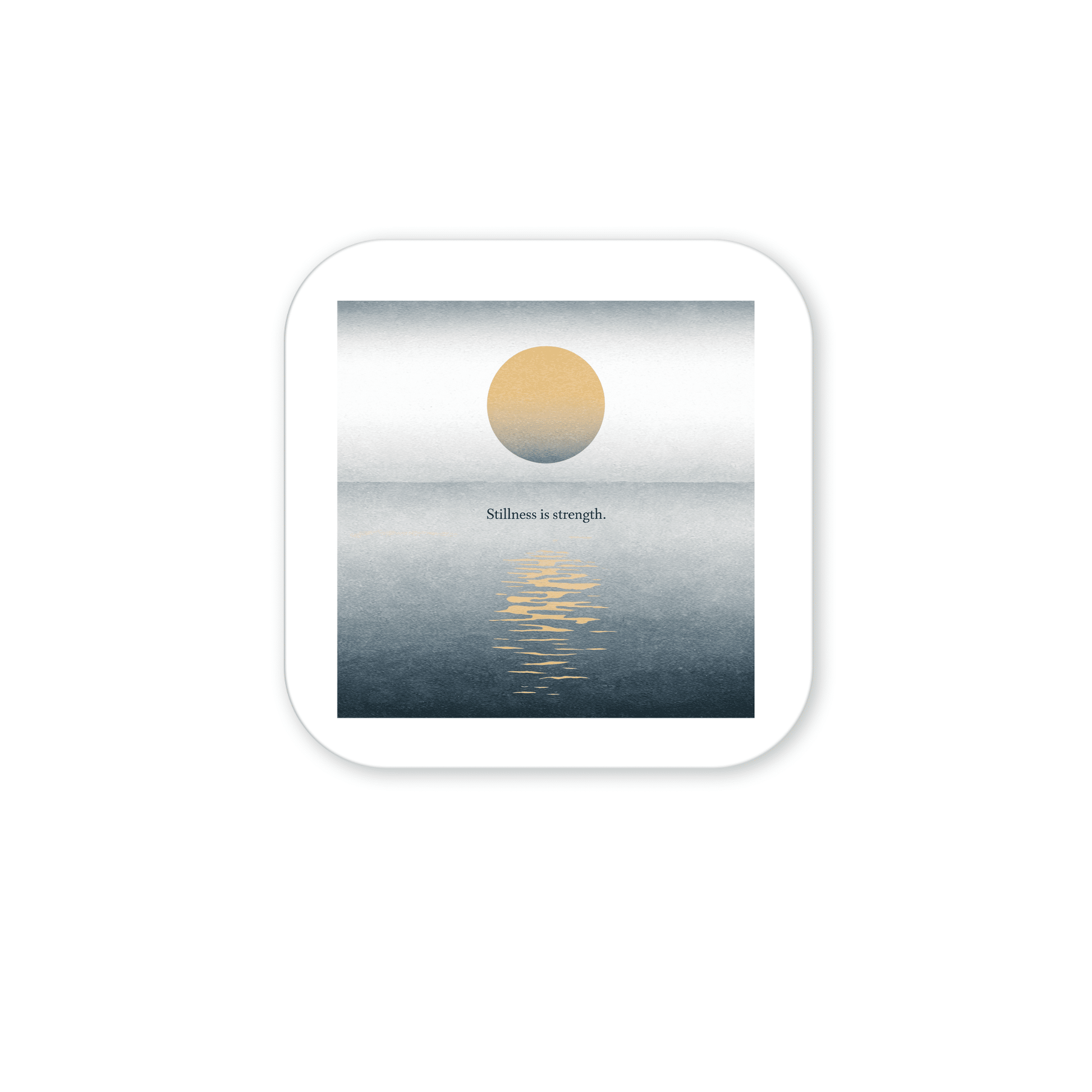 The Stillness Is Strength Magnet by Mirabilia Boutique features a minimalist design with a yellow sun over a blue sea and the inspiring text, "Stillness is strength." Ideal for mindful gifting or bringing calm to any space.