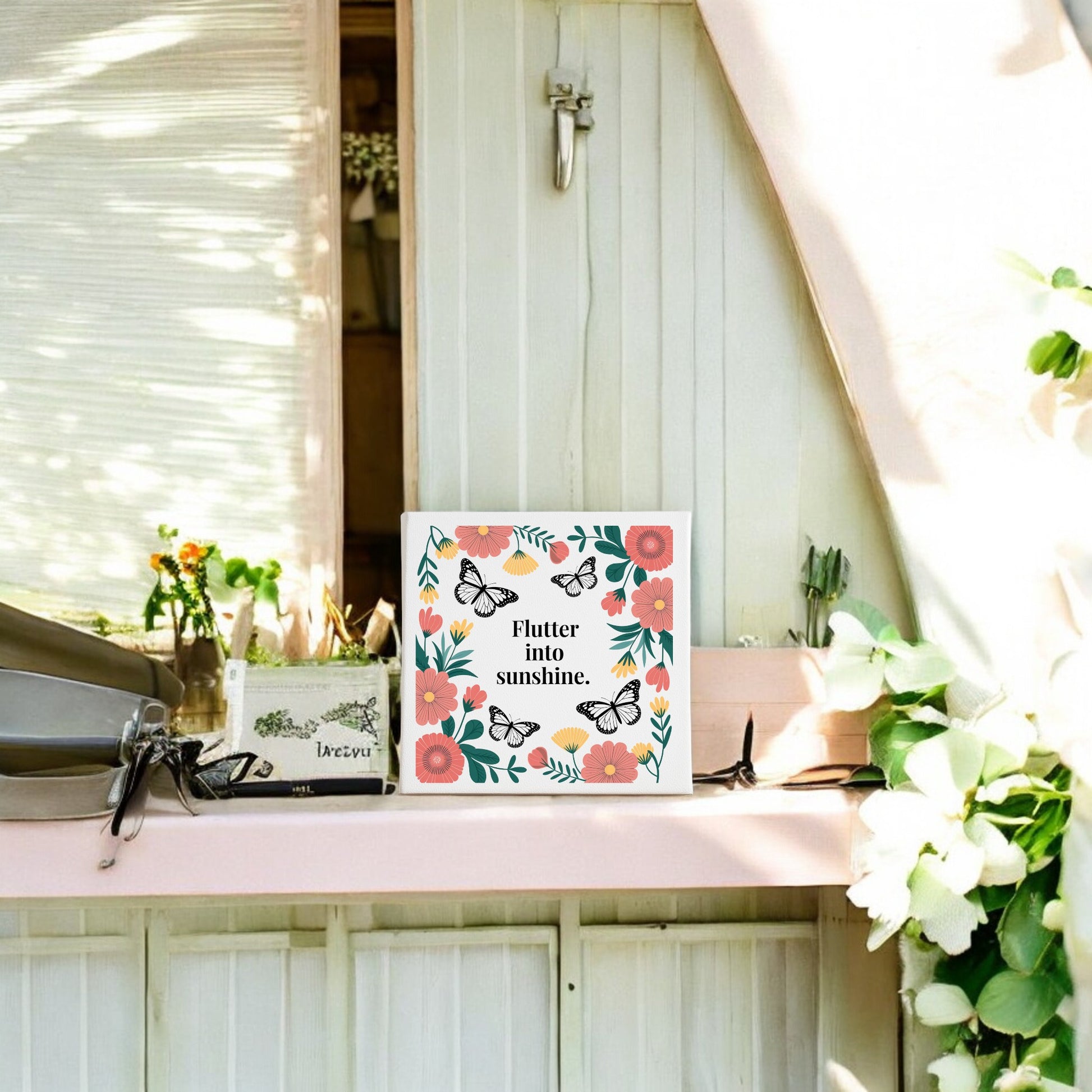 The Flutter into Sunshine Canvas – Butterflies & Floral Joy by Mirabilia Boutique rests on a pink windowsill with gardening tools and white flowers, sunlight streaming through the open window.