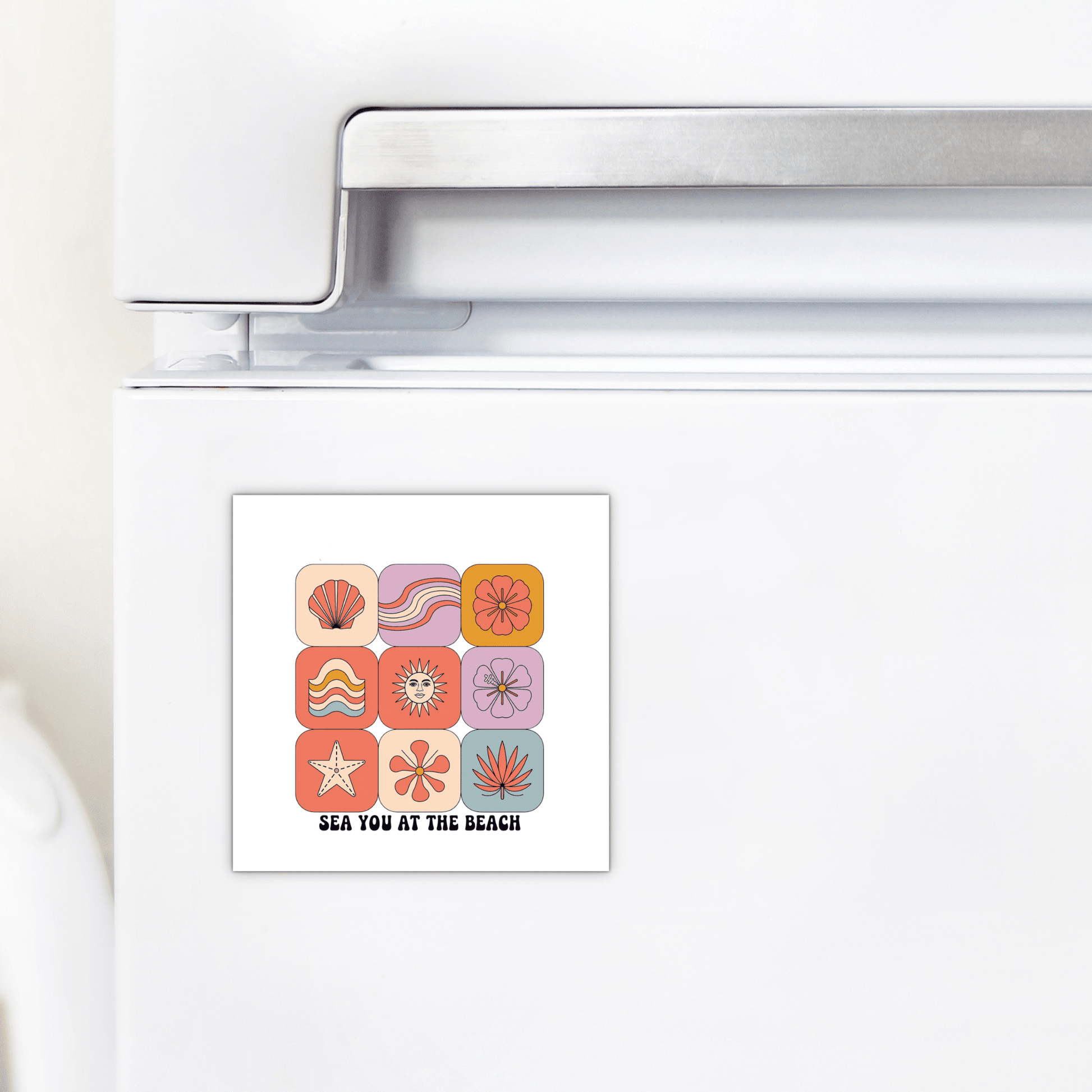 A white refrigerator with a Mirabilia Boutique Sea You at the Beach Magnet – Retro Summer Vibes on it.