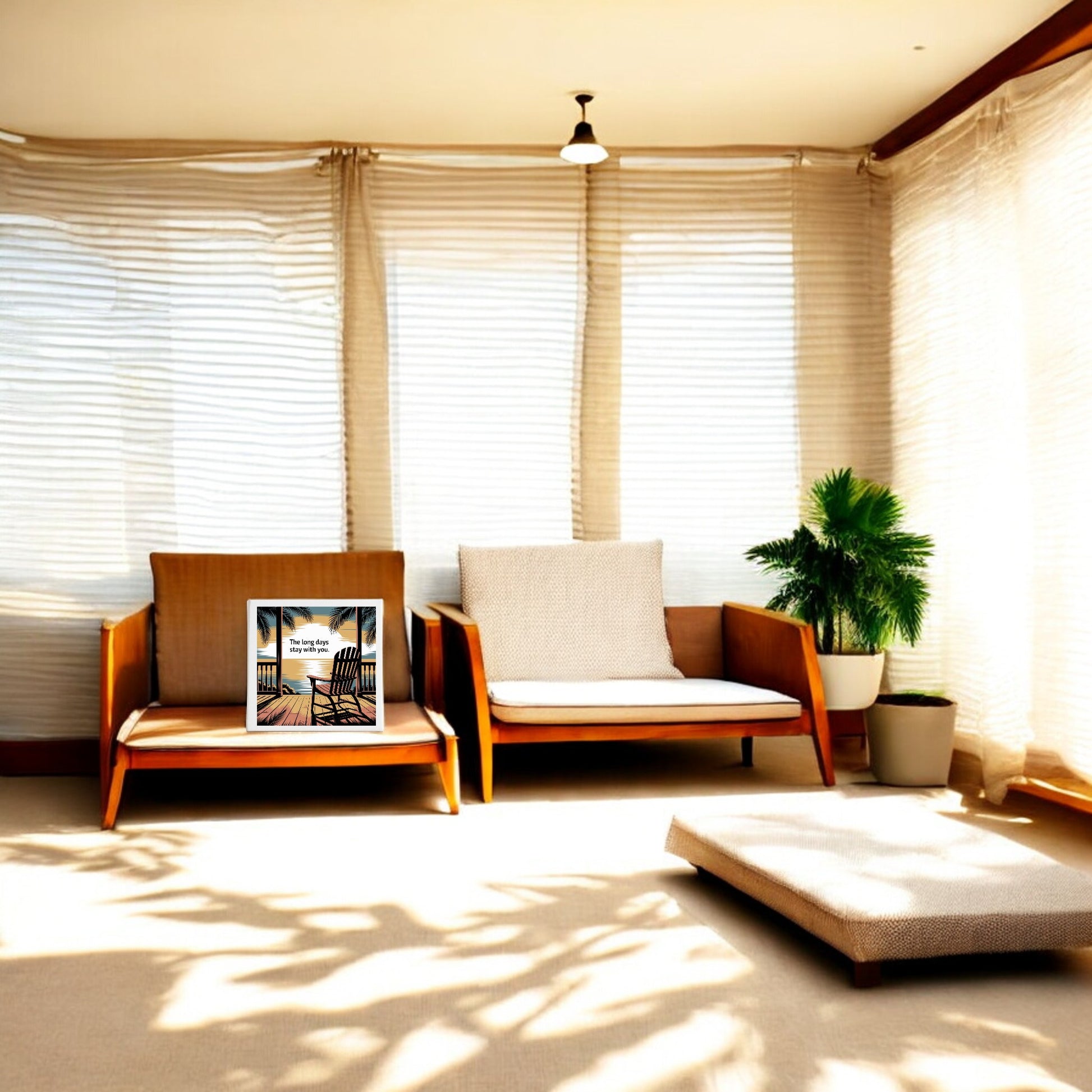 A bright, minimalist living room with two wooden chairs, beige cushions, potted plants, and sunlight through sheer curtains showcases "The Long Days Canvas – Sunset Memory Porch Art" by Mirabilia Boutique.