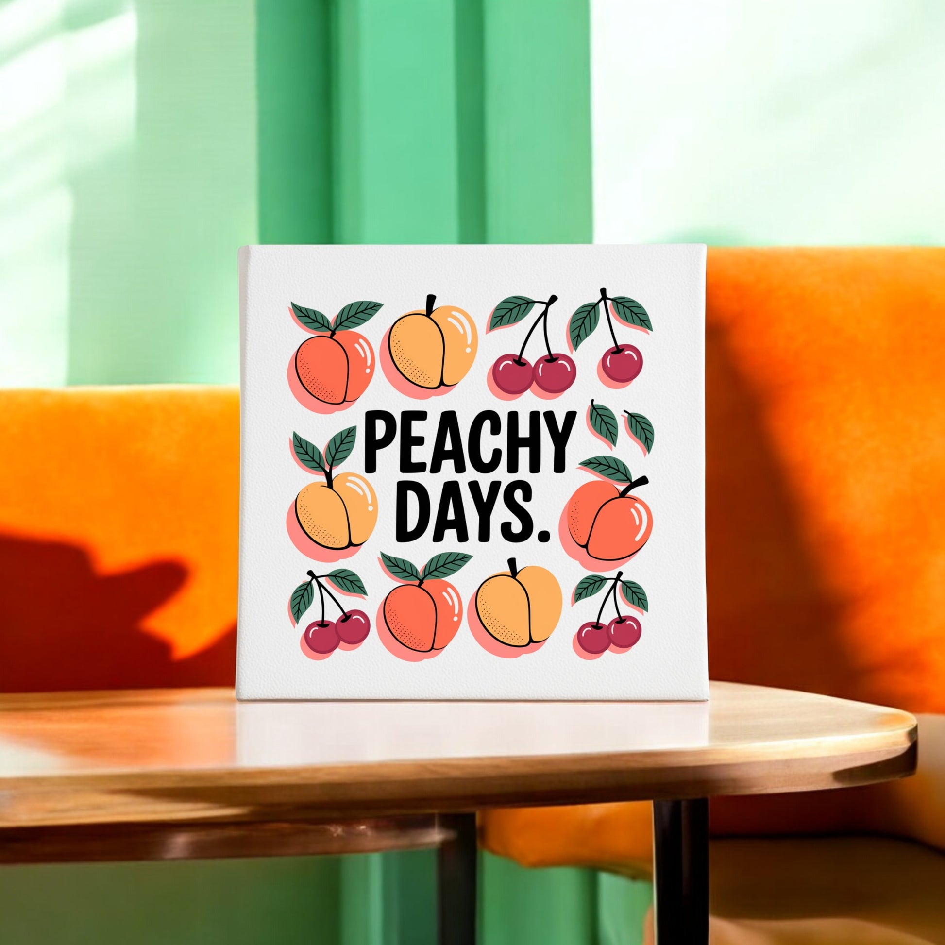 Mirabilia Boutique’s Peachy Days Canvas – Cheerful Fruit-Inspired Wall Art – features playful peaches and cherries, with "PEACHY DAYS" on display. Bright colors make it a perfect summer accent for your home decor.