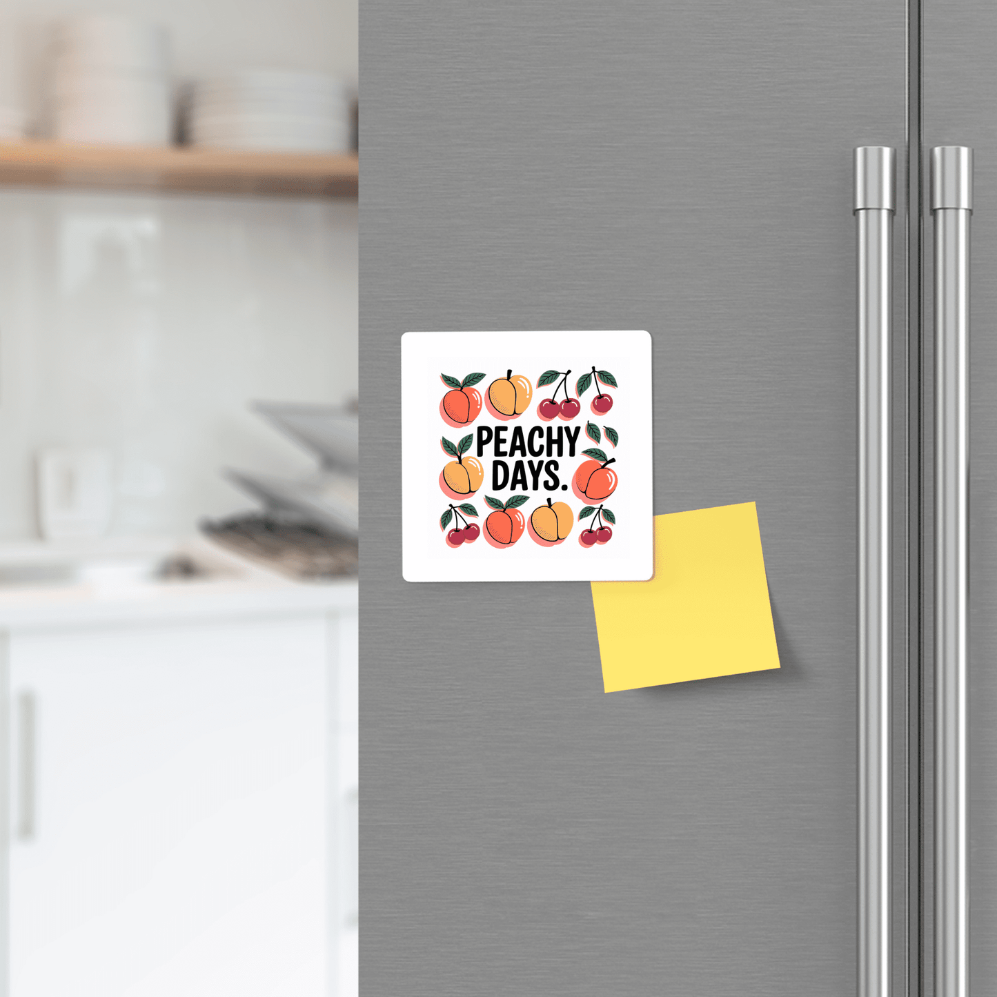 A Mirabilia Boutique Peachy Days Magnet – Fruitful Cheer for Kitchen or Locker, featuring peaches, cherries, and "Peachy Days," brightens a fridge above a yellow sticky note with kitchen counters and shelves in the background.