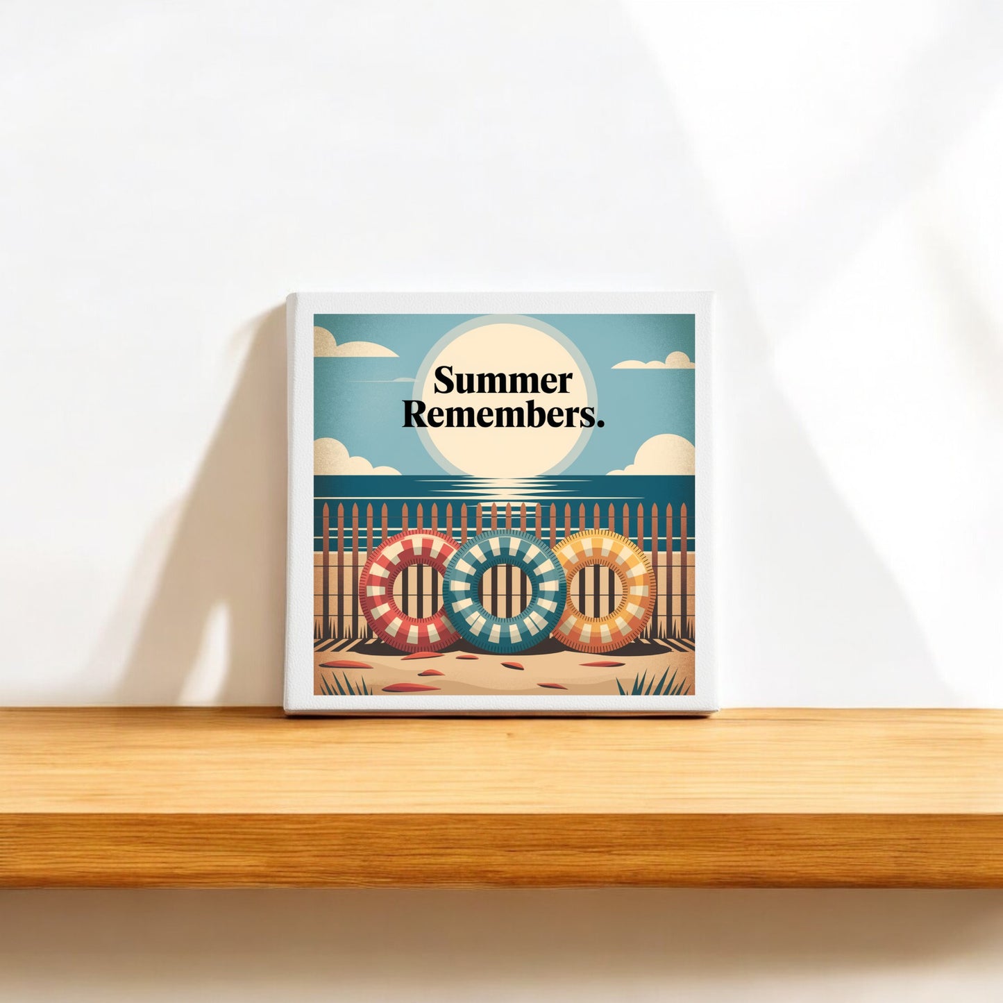 The "Summer Remembers Canvas Wall Art – Coastal Nostalgia" by Mirabilia Boutique features life buoys on a shelf, ideal for adding seaside charm to your home décor.