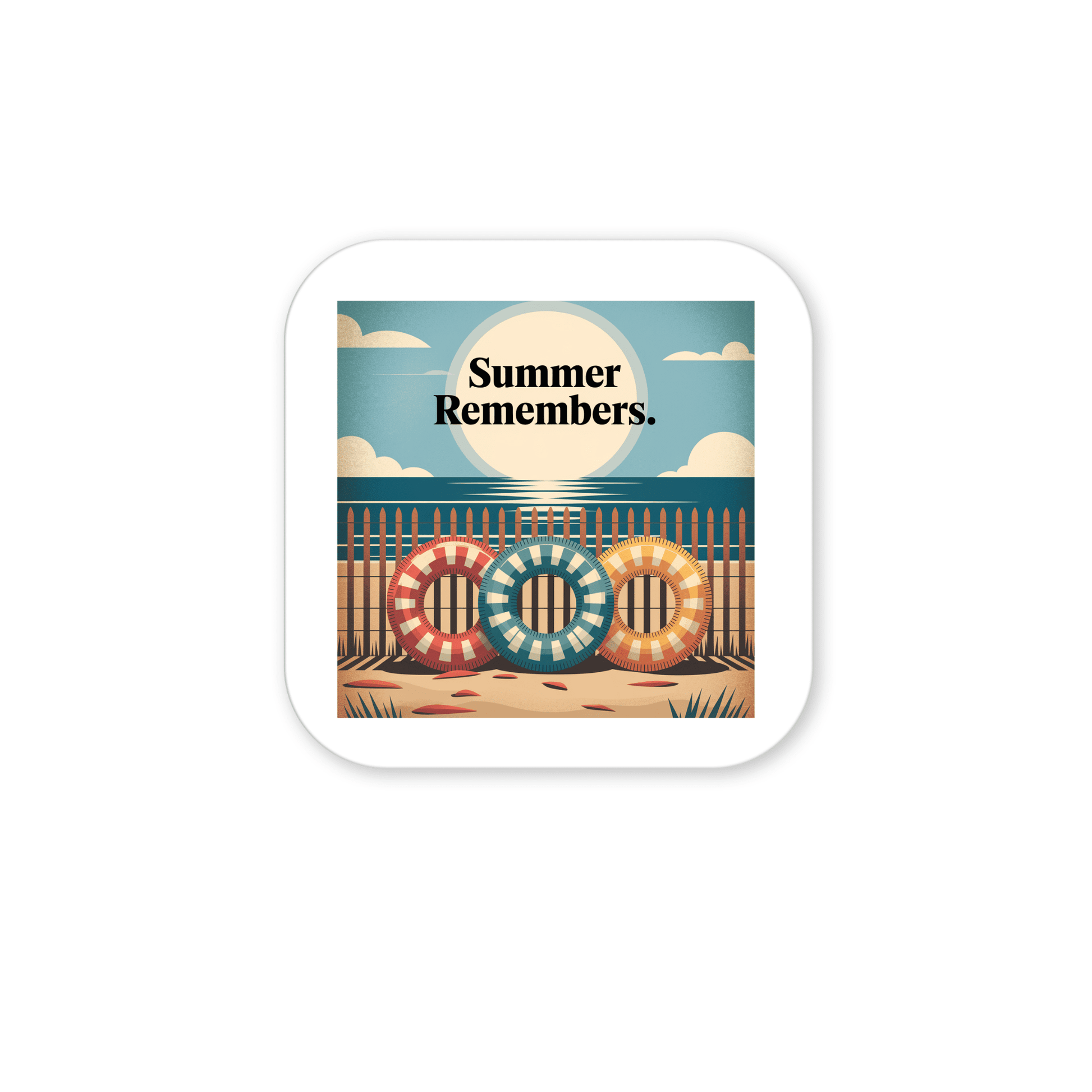 The Summer Remembers Magnet by Mirabilia Boutique features a retro scene of three vibrant lifebuoys on a beach fence, with ocean and sun behind. Ideal vintage coastal fridge art or summer decor with “Summer Remembers.” centered above.
