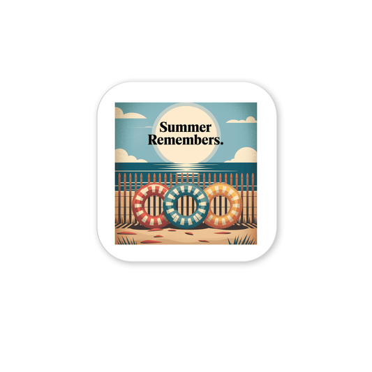 The Summer Remembers Magnet by Mirabilia Boutique features a retro scene of three vibrant lifebuoys on a beach fence, with ocean and sun behind. Ideal vintage coastal fridge art or summer decor with “Summer Remembers.” centered above.
