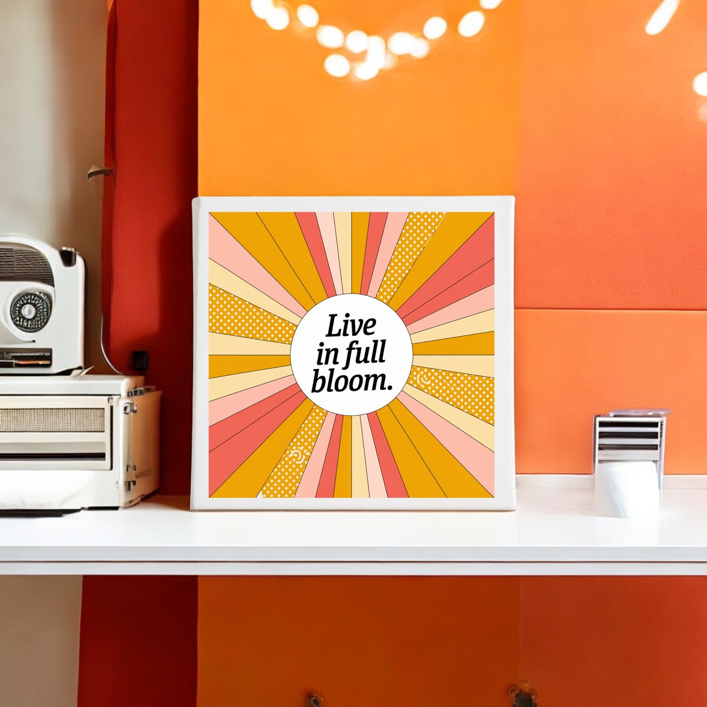 The Live in Full Bloom Canvas by Mirabilia Boutique features vibrant summer sunburst art, making it the perfect modern inspirational piece to add a motivational touch to any space.