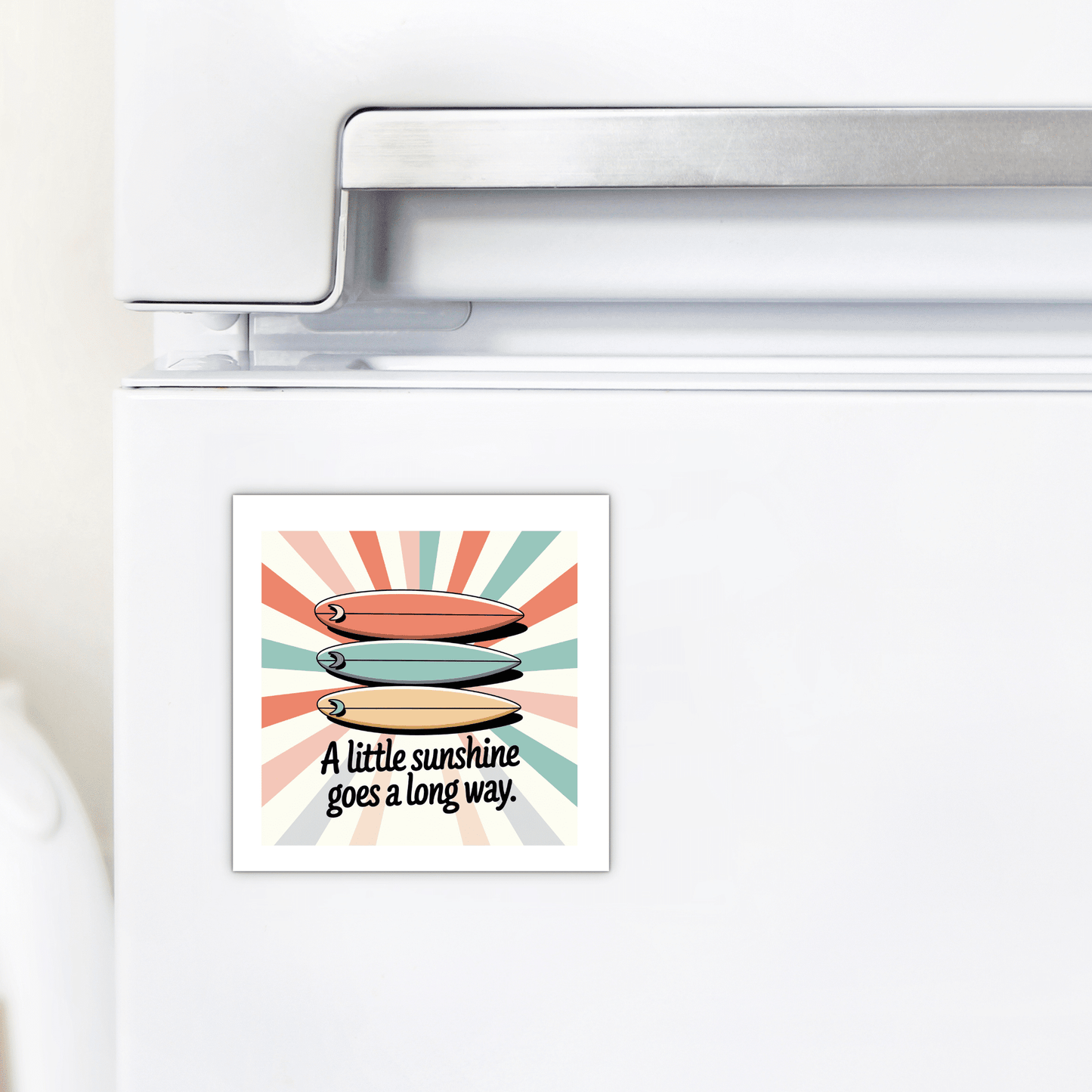 The "A Little Sunshine Magnet – Retro Surf & Sun Vibes" by Mirabilia Boutique shows three surfboards and the phrase "A little sunshine goes a long way" on a pastel sunburst, perfect for a retro touch on your fridge.