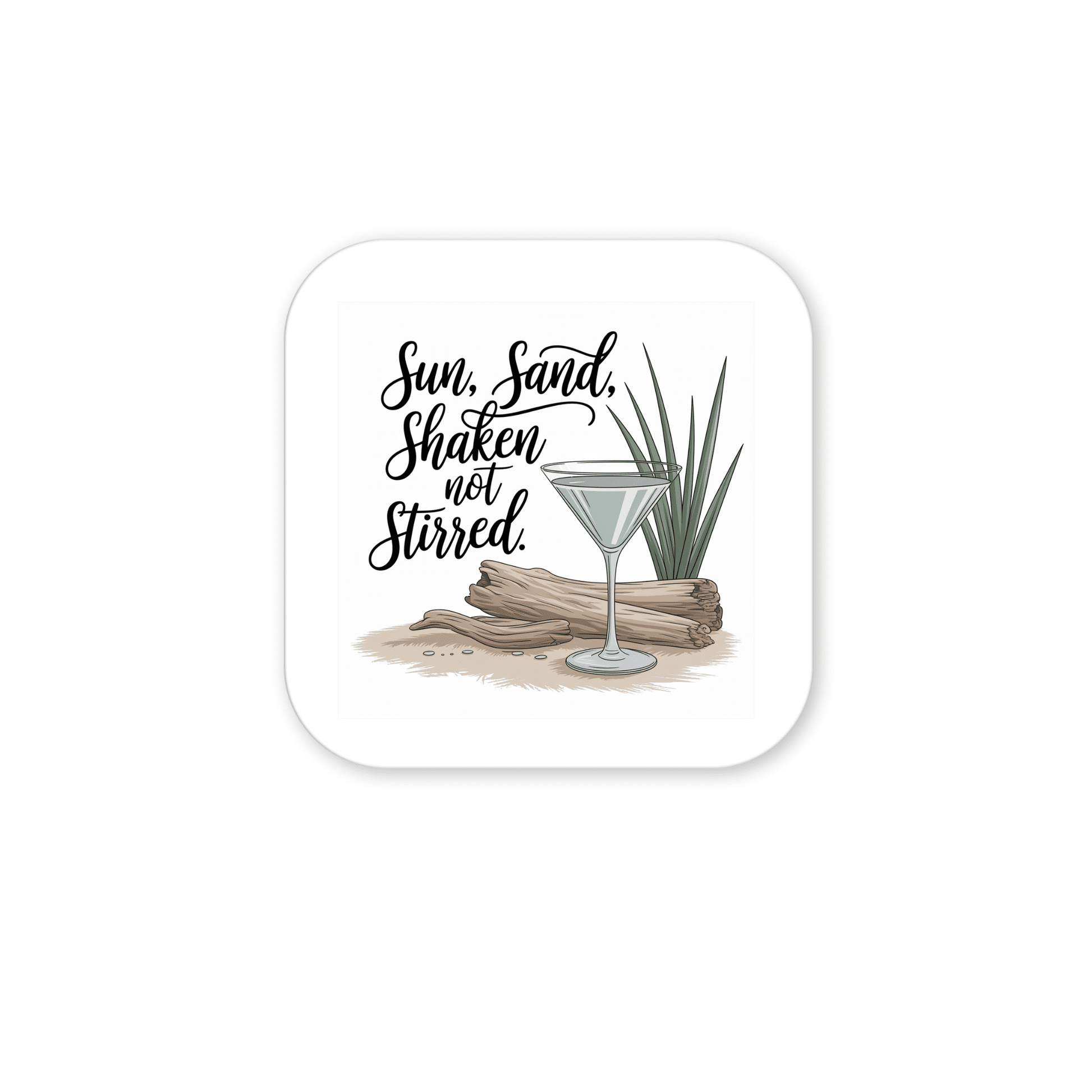 The Sun, Sand, Shaken Not Stirred Magnet by Mirabilia Boutique features a martini glass on sand with driftwood and a plant—ideal for coastal kitchen decor or as a unique cocktail lover gift.