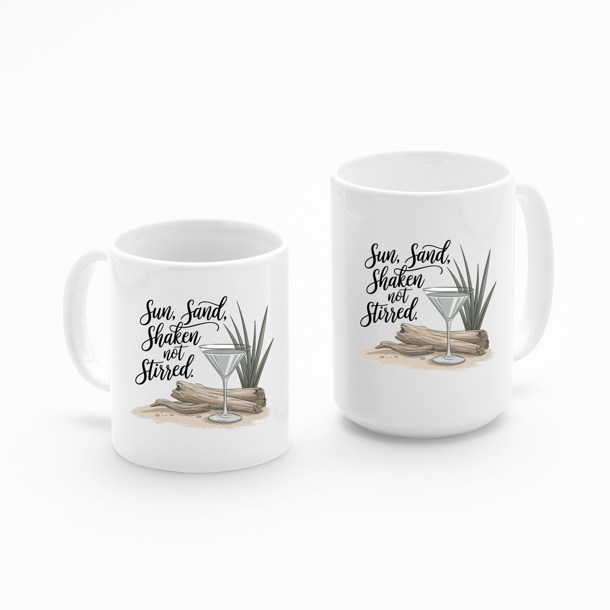 The Sun, Sand, Shaken Not Stirred Mug set by Mirabilia Boutique features two white coastal mugs with beach-themed designs—one short and wide, one tall and slim. Ideal for cocktails or decor in your beach house.