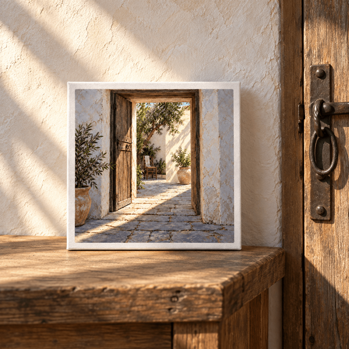 The First Stripe of Sun canvas, an 8x8 inch print, shows a sunlit Mediterranean courtyard viewed through an open wooden doorway.
