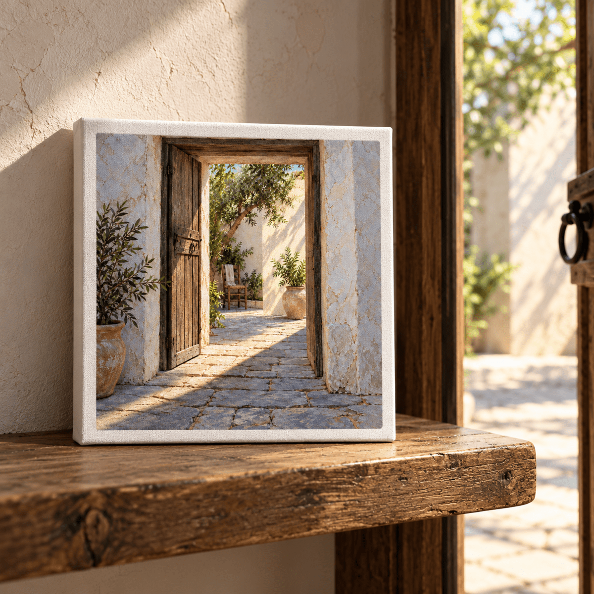 First Stripe of Sun Canvas showing an 8x8 inch sunlit doorway view of a Mediterranean courtyard.