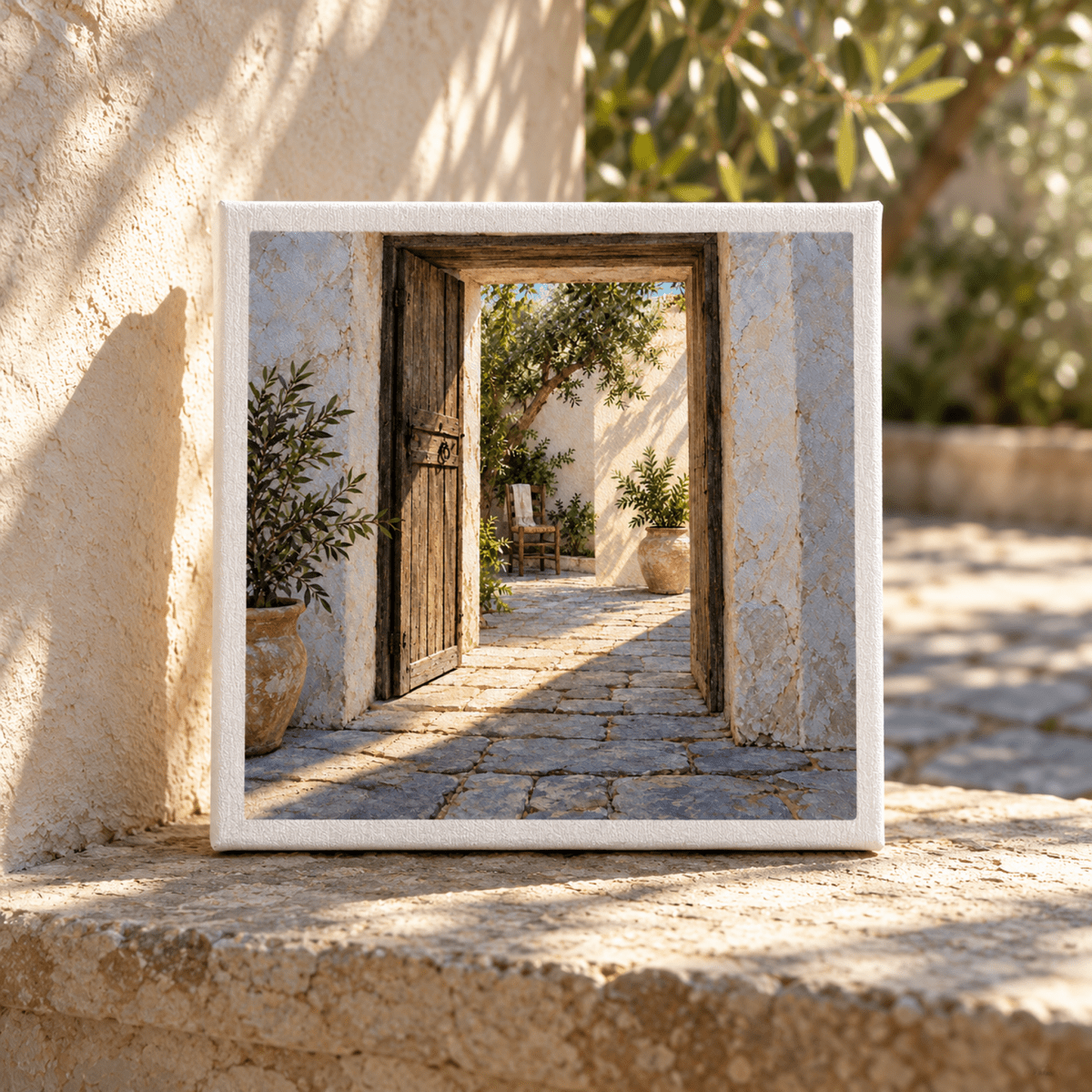 First Stripe of Sun Canvas, a square 8x8 inch print of a sunlit stone courtyard viewed through an open wooden doorway, displayed on a matching stone ledge.