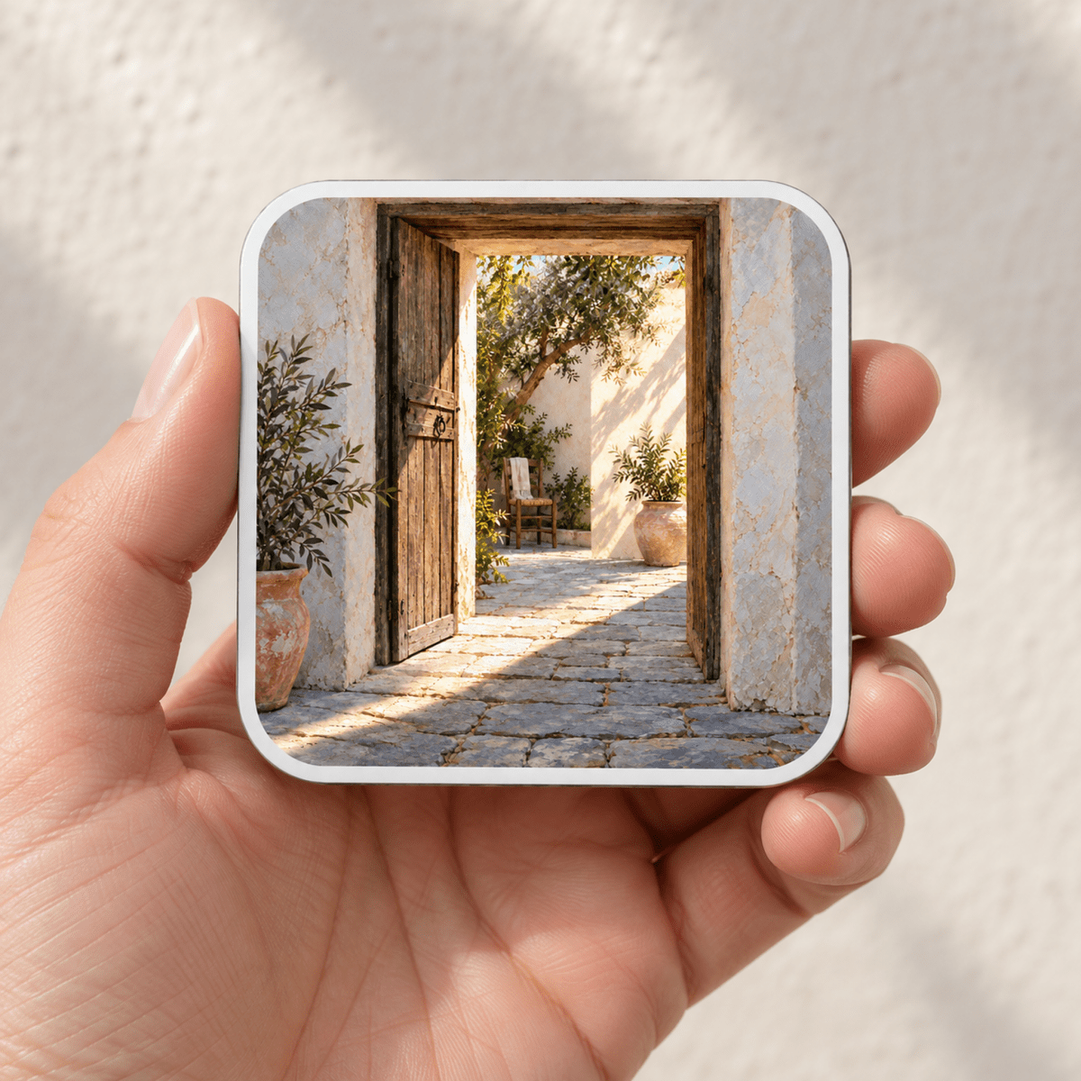 A hand holds a square First Stripe of Sun Magnet depicting an open wooden door leading to a sunny Mediterranean-style courtyard with potted plants.