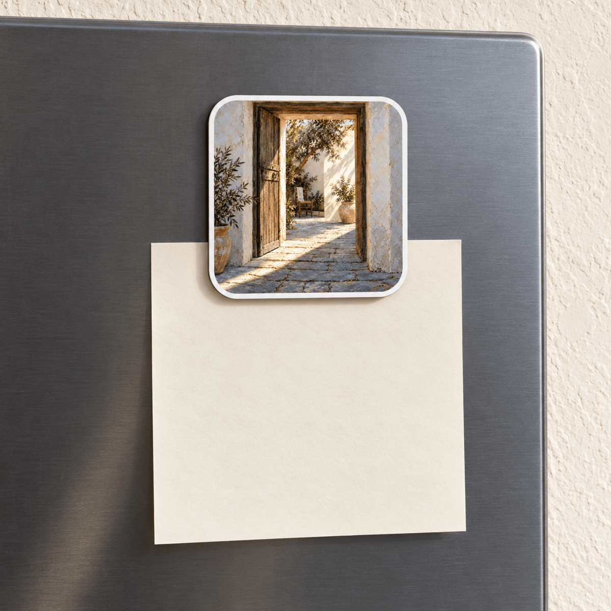 A square, cream-colored First Stripe of Sun Magnet depicting a sunlit Mediterranean courtyard holds a blank note against a grey refrigerator door.