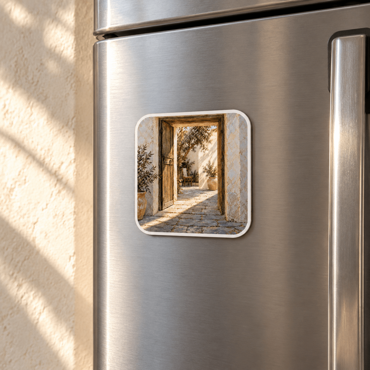 A square First Stripe of Sun Magnet on a stainless steel refrigerator featuring an image of an open wooden door leading to a sunny stone courtyard.
