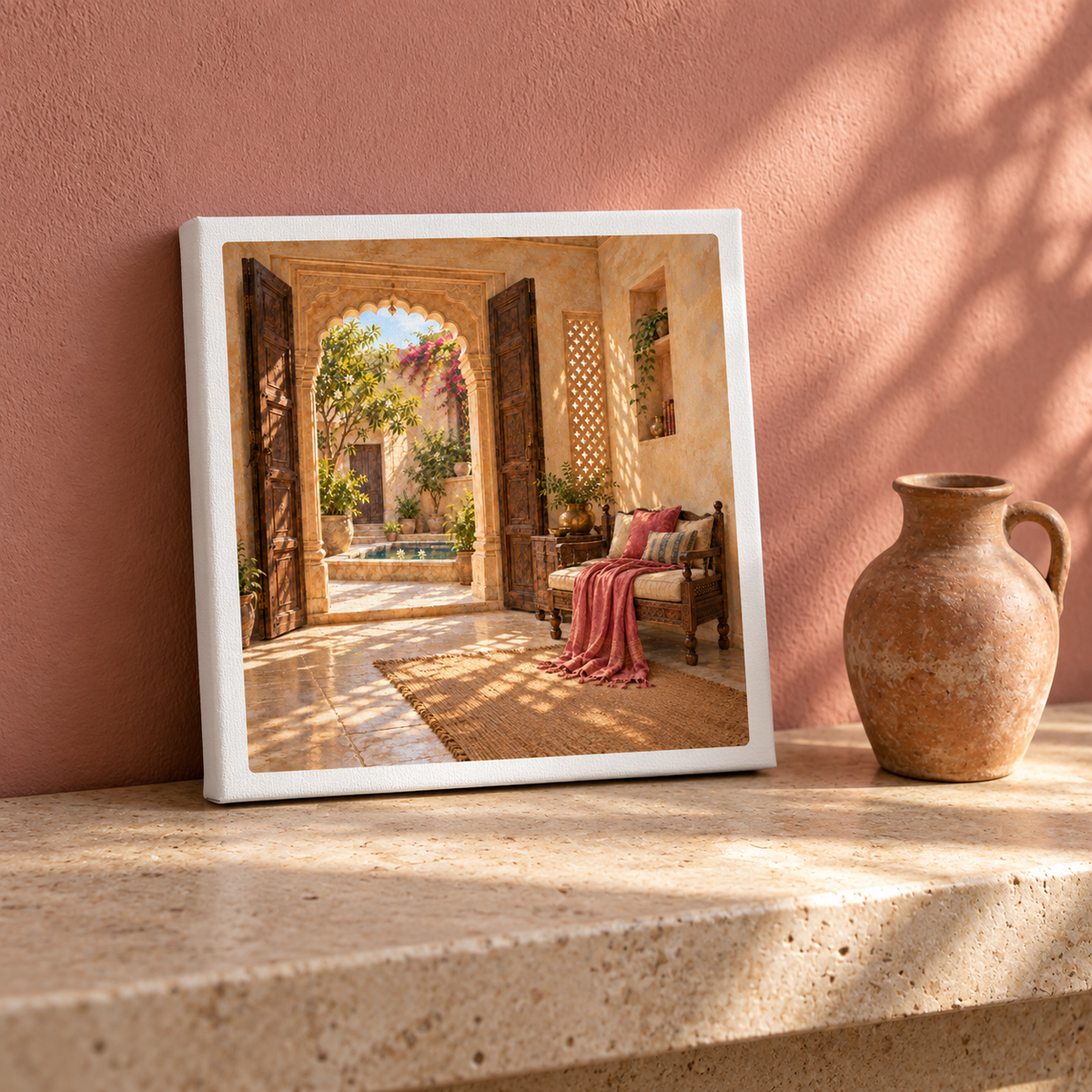 The Door Left Open Canvas | Sand & Saffron gallery-wrapped print of a sunlit courtyard with an open arched doorway, resting on a stone mantel next to a terracotta vase.