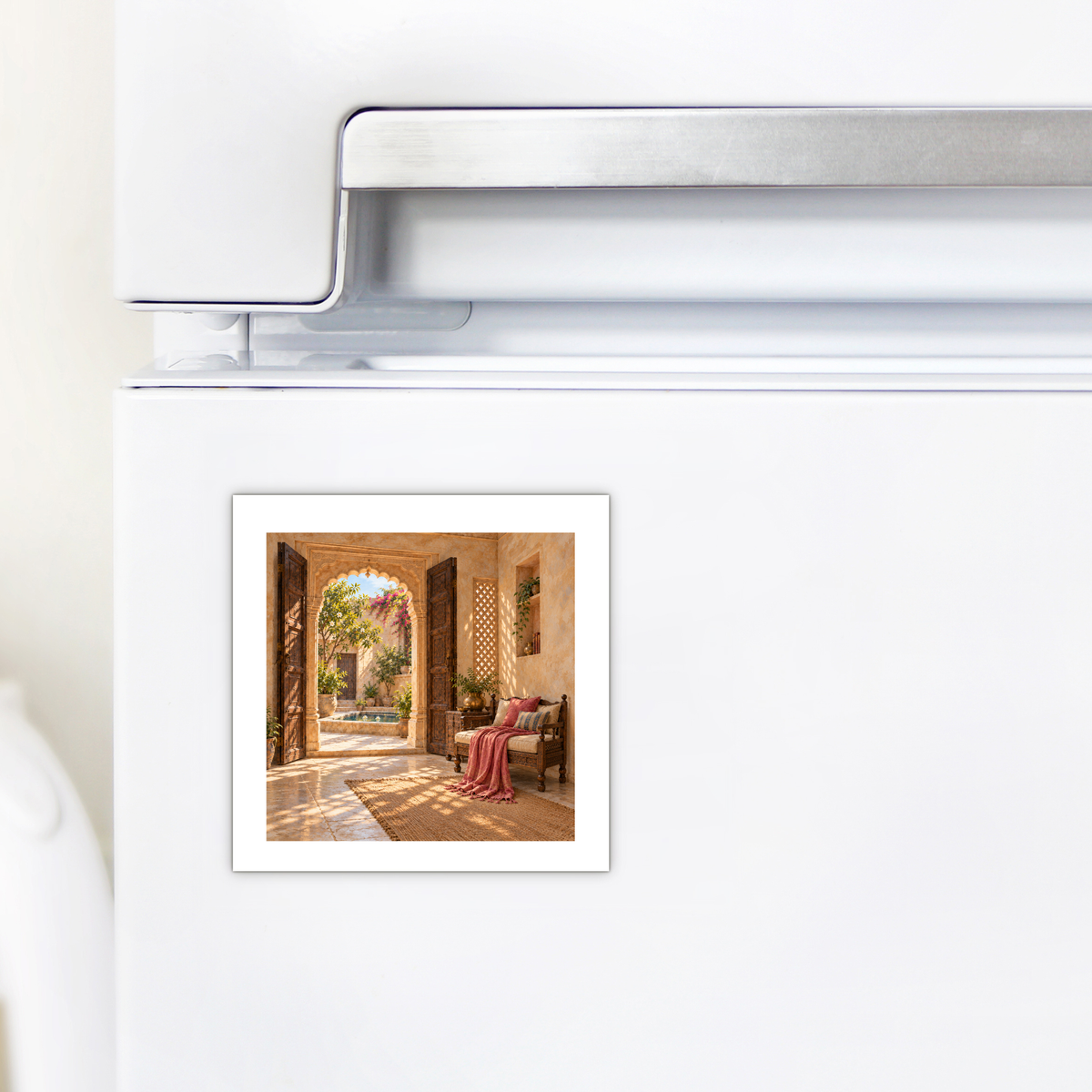 The Door Left Open Magnet | Sand & Saffron square hardboard magnet on a white refrigerator, featuring a print of a sunlit Mediterranean-style patio with an arched doorway and a cushioned bench.