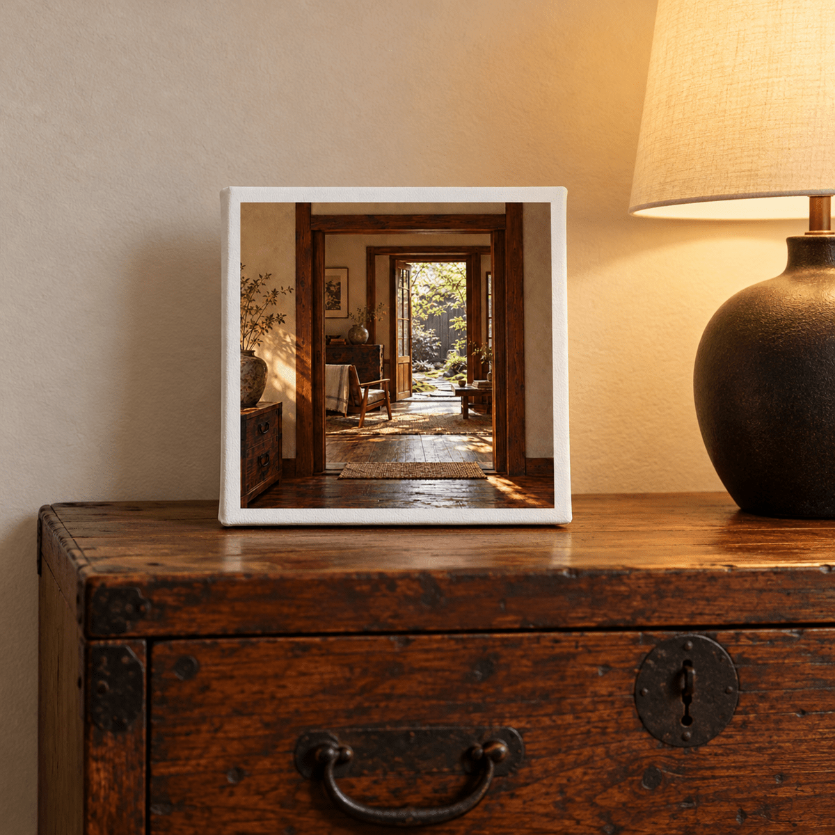 A square Between Rooms Japanese Interior Canvas by Mirabilia Boutique leaning on a wooden chest, depicting a sunlit room painting of a view through a doorway into a garden.