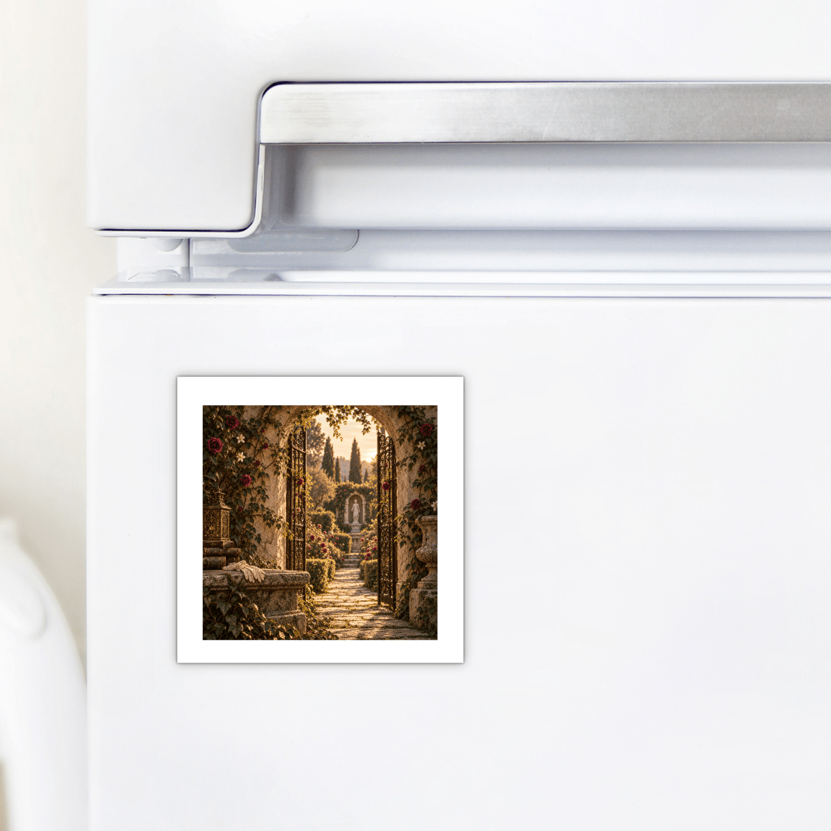 The Behind the Walled Garden Magnet from Mirabilia Boutique—a small magnetic art piece depicting a sunlit garden path and open gate—adds a charming touch to your rose garden decor when displayed on a white refrigerator door.