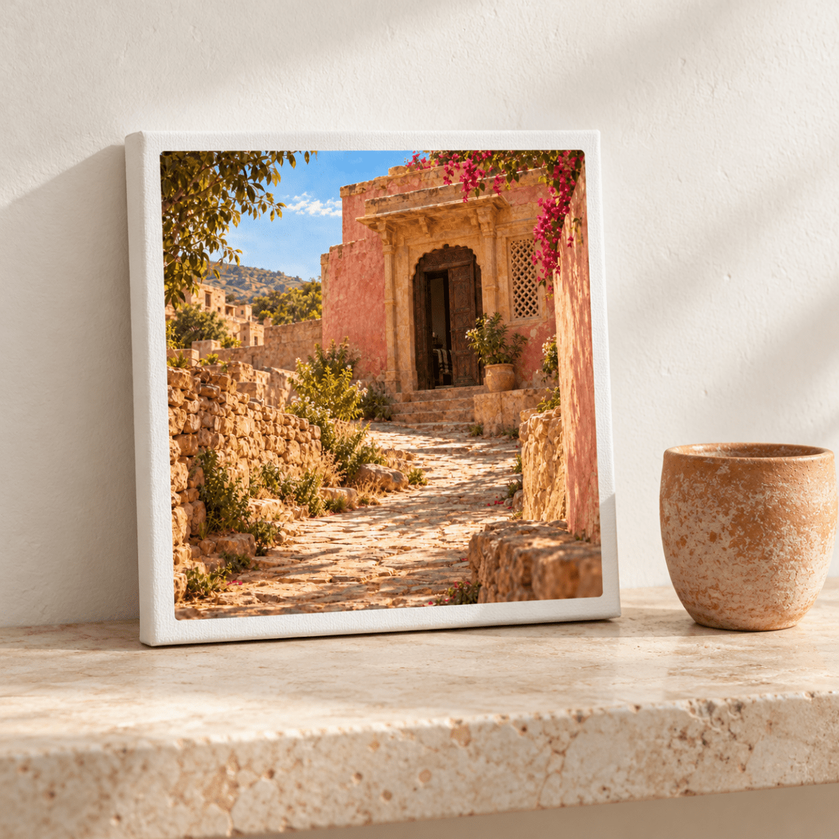 The House Ahead Canvas | Sand & Saffron displayed on a mantel next to a small clay pot, showing a sunlit stone path leading to a rose-toned house.