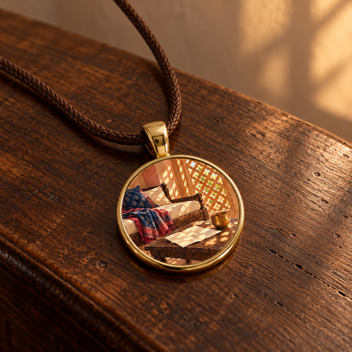 A Letter Waiting | Story Pendant Necklace featuring a round glass cabochon on a braided brown cord, with a sunlit interior showing a couch, patterned textiles, and a letter on a table.