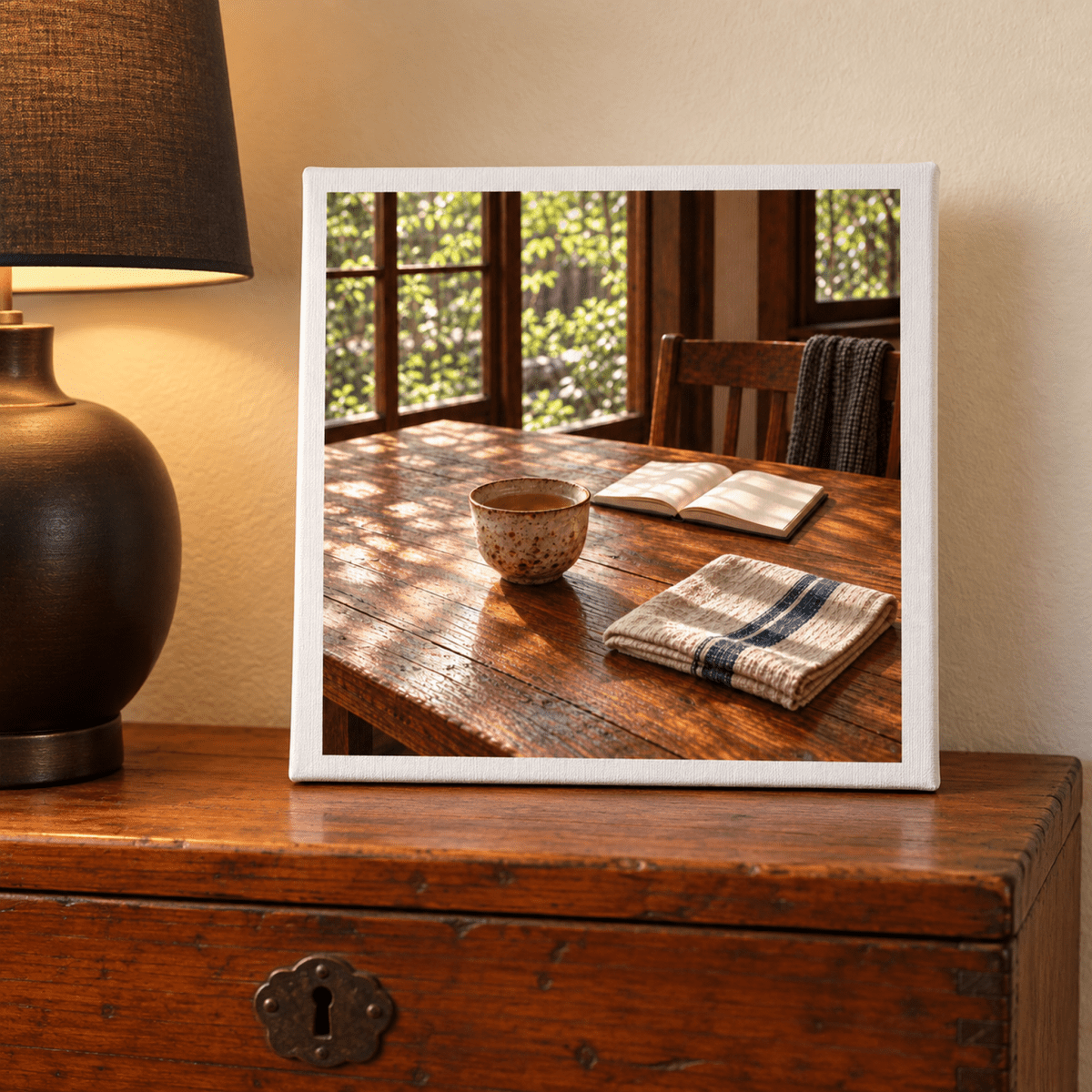 The Morning Table Canvas by Mirabilia Boutique displayed on a wooden chest, featuring a sunlit table with a ceramic cup, an open book, and a folded cloth.