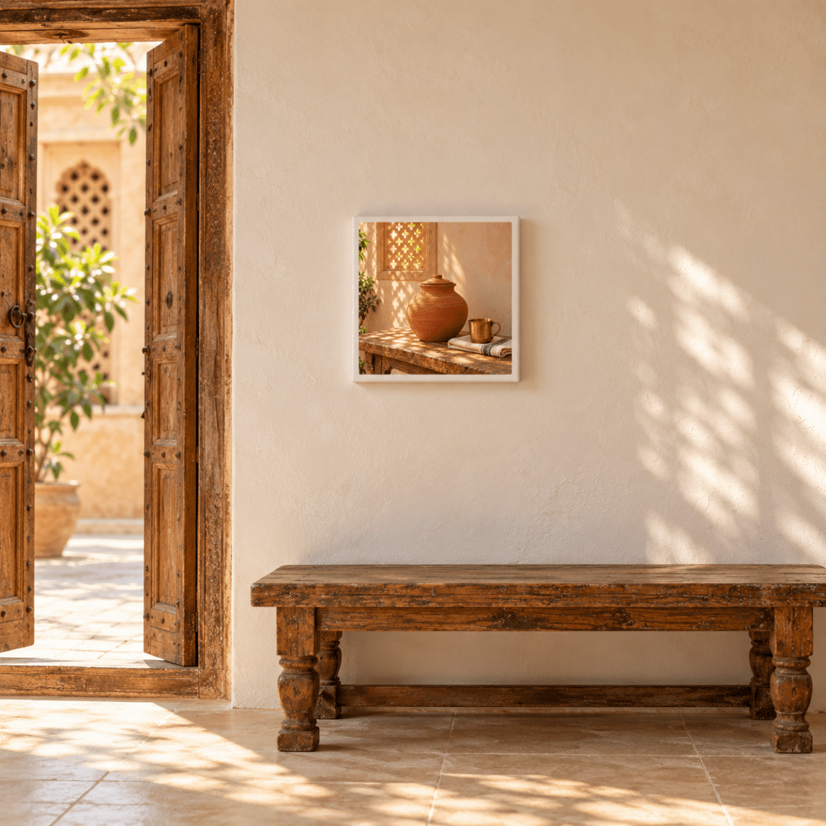 The Water Kept Cool Canvas | Sand & Saffron is a square gallery-wrapped canvas depicting a clay vessel and a metal cup on a wooden table, hanging on a wall above a rustic wooden bench in a sunlit courtyard.