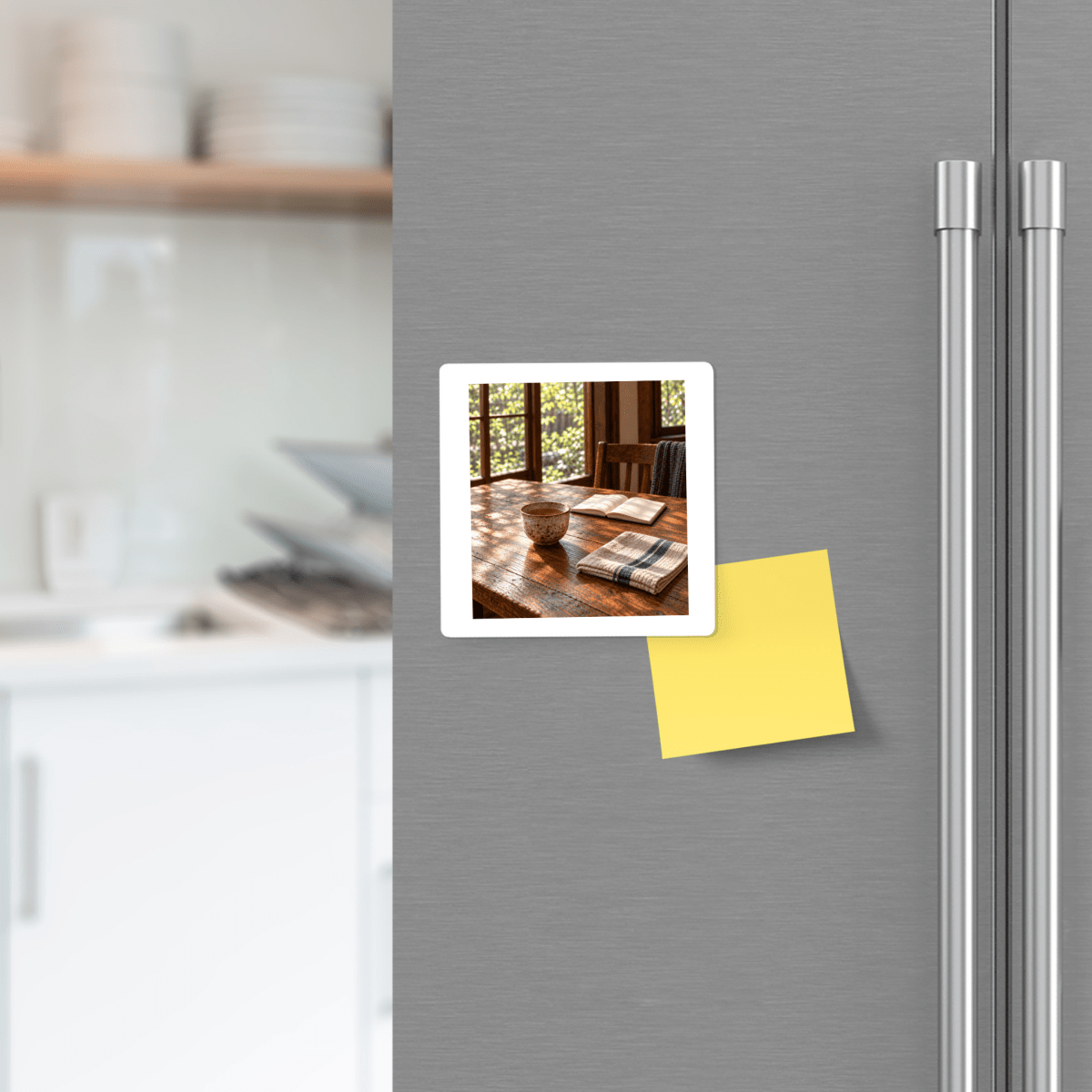 A square The Morning Table Decorative Magnet on a stainless steel refrigerator showing a sunlit wooden table with a ceramic cup, an open book, a cloth napkin, and a blank yellow sticky note.