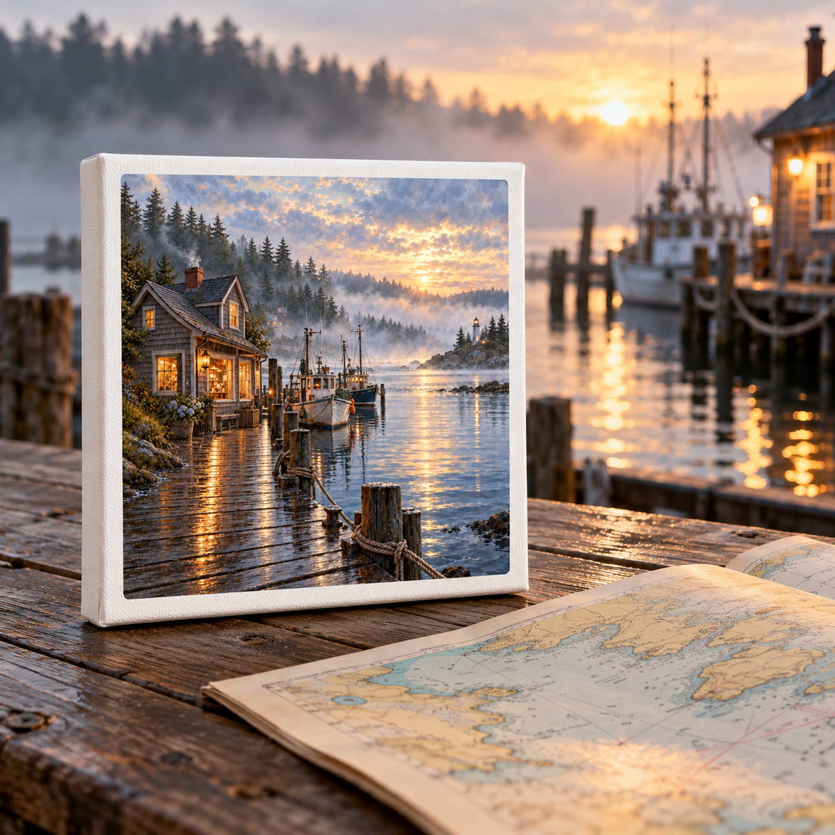 A Harbor Before Town Wakes Canvas by Mirabilia Boutique, showing a misty morning harbor painting as a gallery-wrapped print sitting on a wooden dock next to an open nautical map.