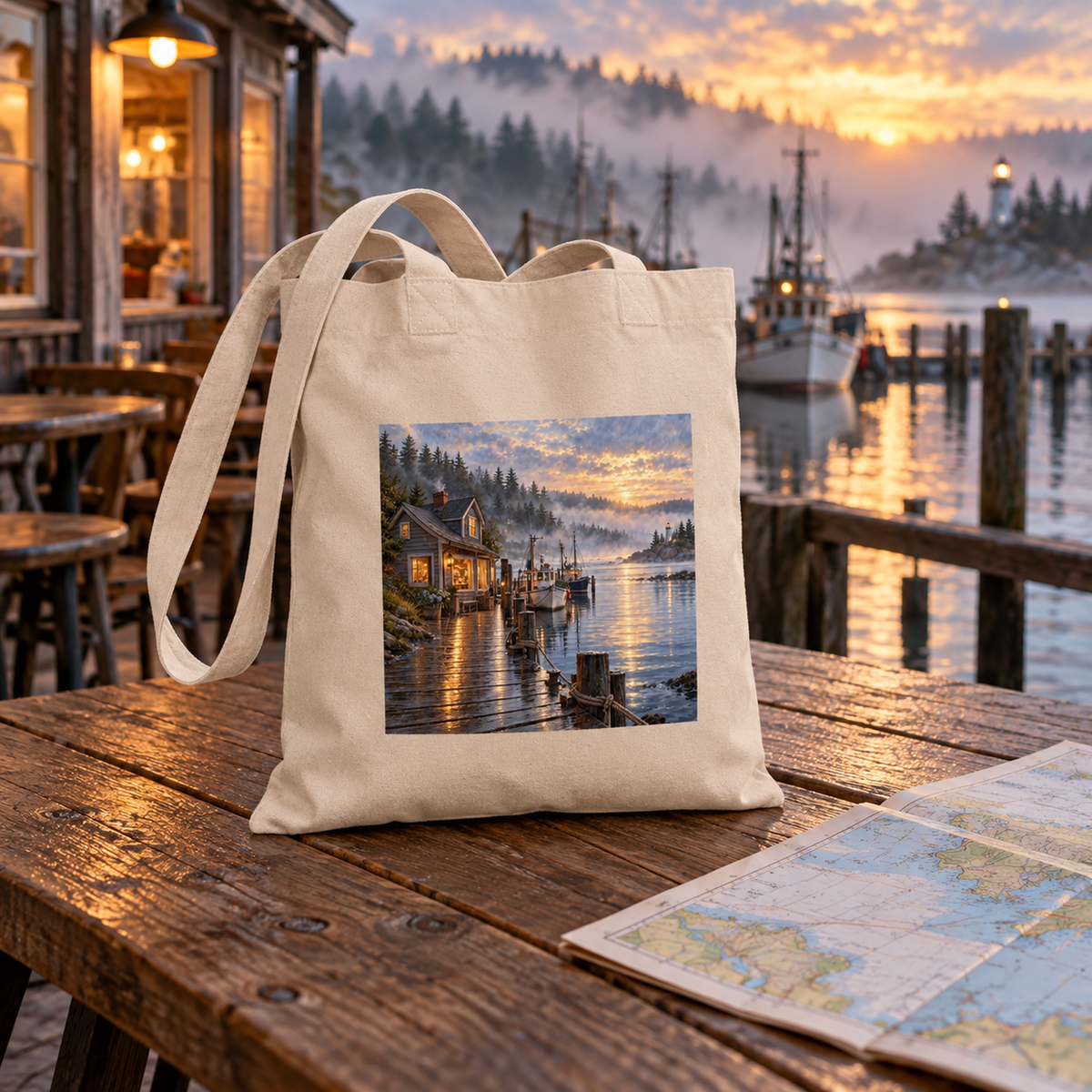 Harbor Before Town Wakes Tote Bag by Mirabilia Boutique, a natural canvas bag featuring a print of a coastal harbor at sunrise, sitting on a wooden table next to a map.