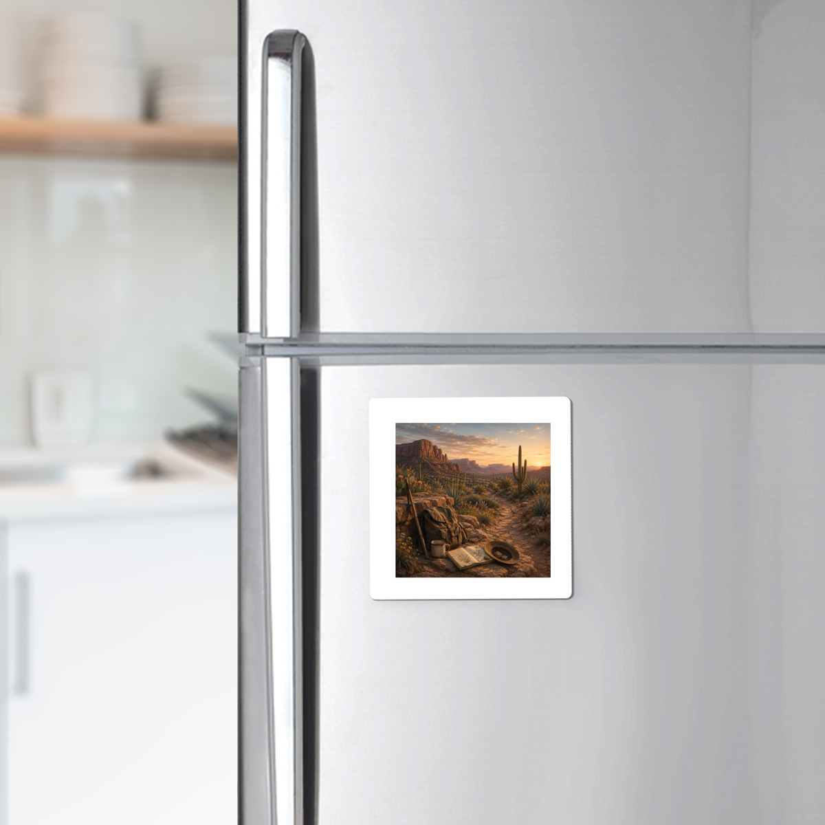 A stainless steel refrigerator with the A Place to Rest Desert Magnet | Sage & Stone by Mirabilia Boutique—featuring cacti and sunset mountains—on the door. Blurred kitchen shelves and dishes are visible in the background.