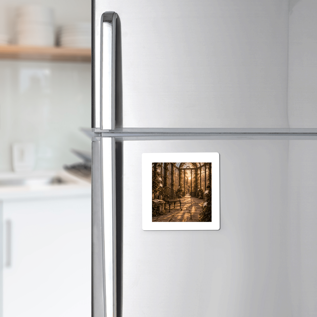 A silver refrigerator in a kitchen displays the “Last Light in the Conservatory Magnet” by Mirabilia Boutique—a square magnet featuring a sunlit forest path with tall trees and a wooden fence, making for an enchanting piece of garden art that’s both a thoughtful botanical gift and a charming conservatory magnet.