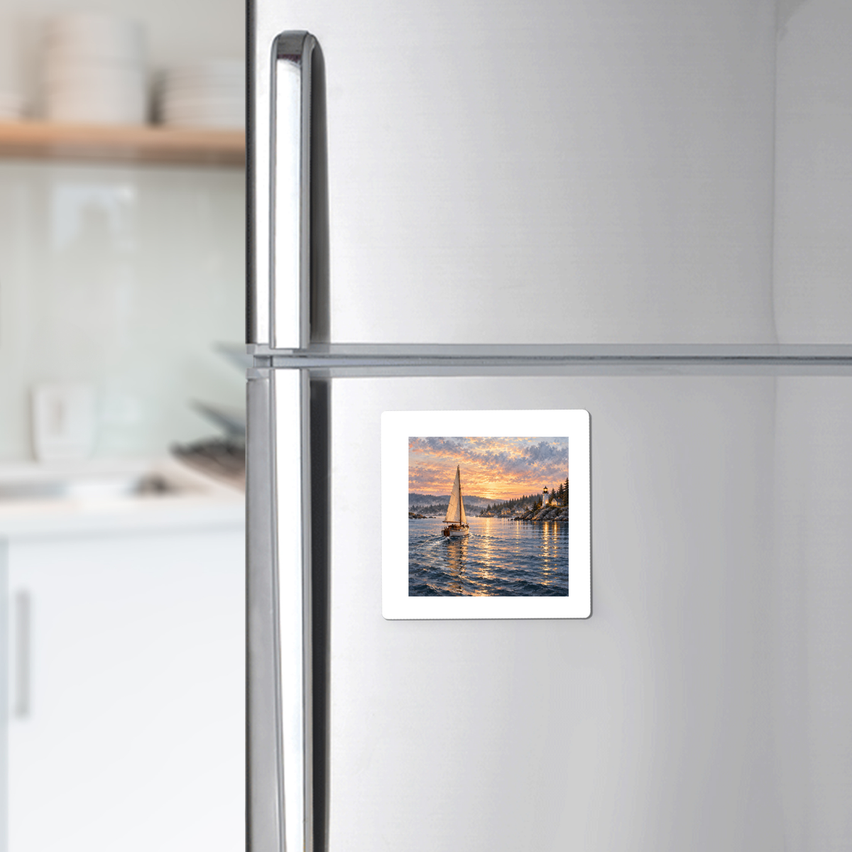 The Long Way Home Magnet from Mirabilia Boutique featuring a square coastal artwork of a sailboat at sunset near a lighthouse on a stainless steel refrigerator.